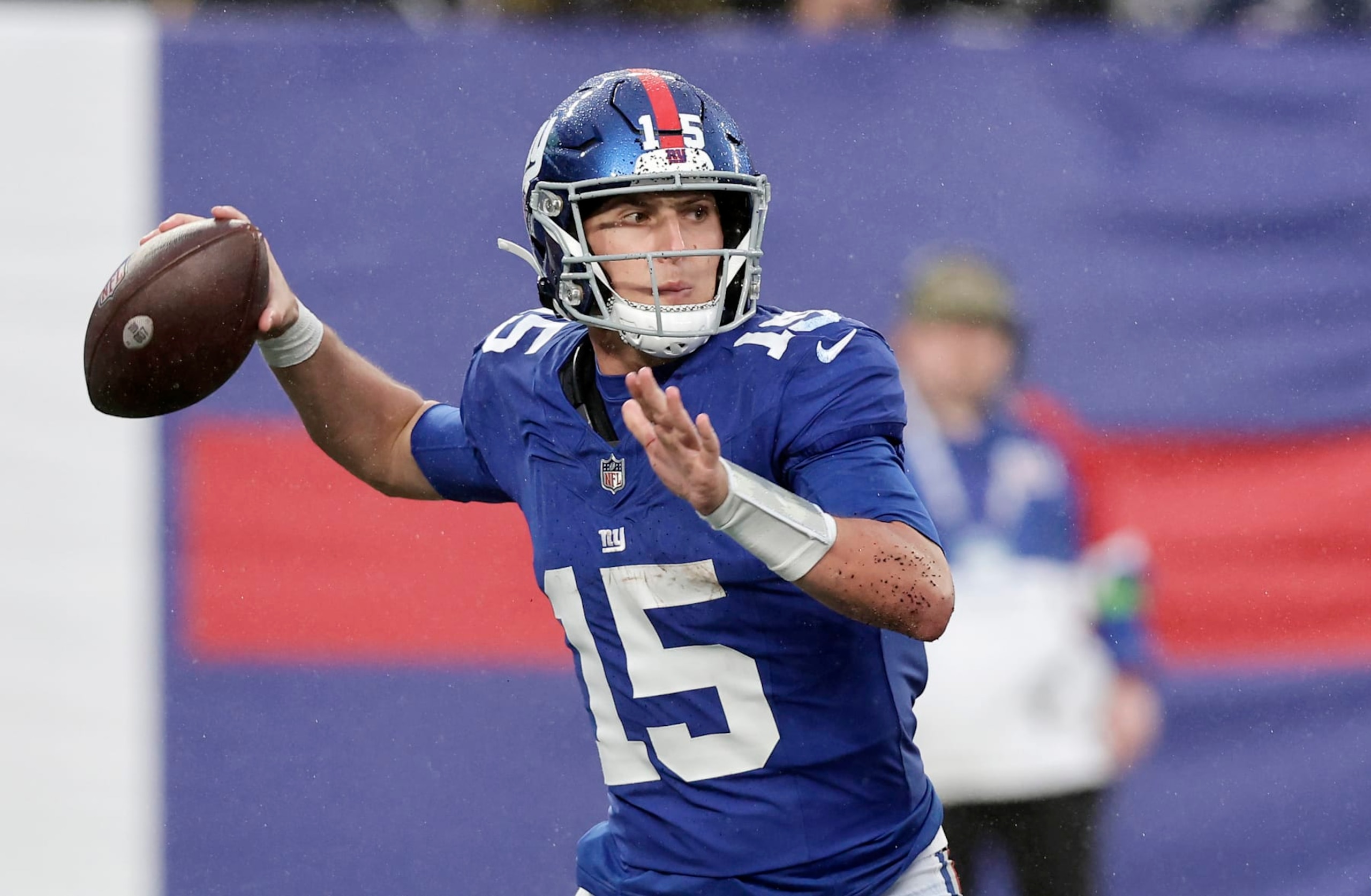 EAST RUTHERFORD, NEW JERSEY - NOVEMBER 26: (NEW YORK DAILIES OUT)  Tommy DeVito #15 of the New York Giants in action against the New England Patriots at MetLife Stadium on November 26, 2023 in East Rutherford, New Jersey.  The Giants defeated the Patriots 10-7. (Photo by Jim McIsaac/Getty Images)