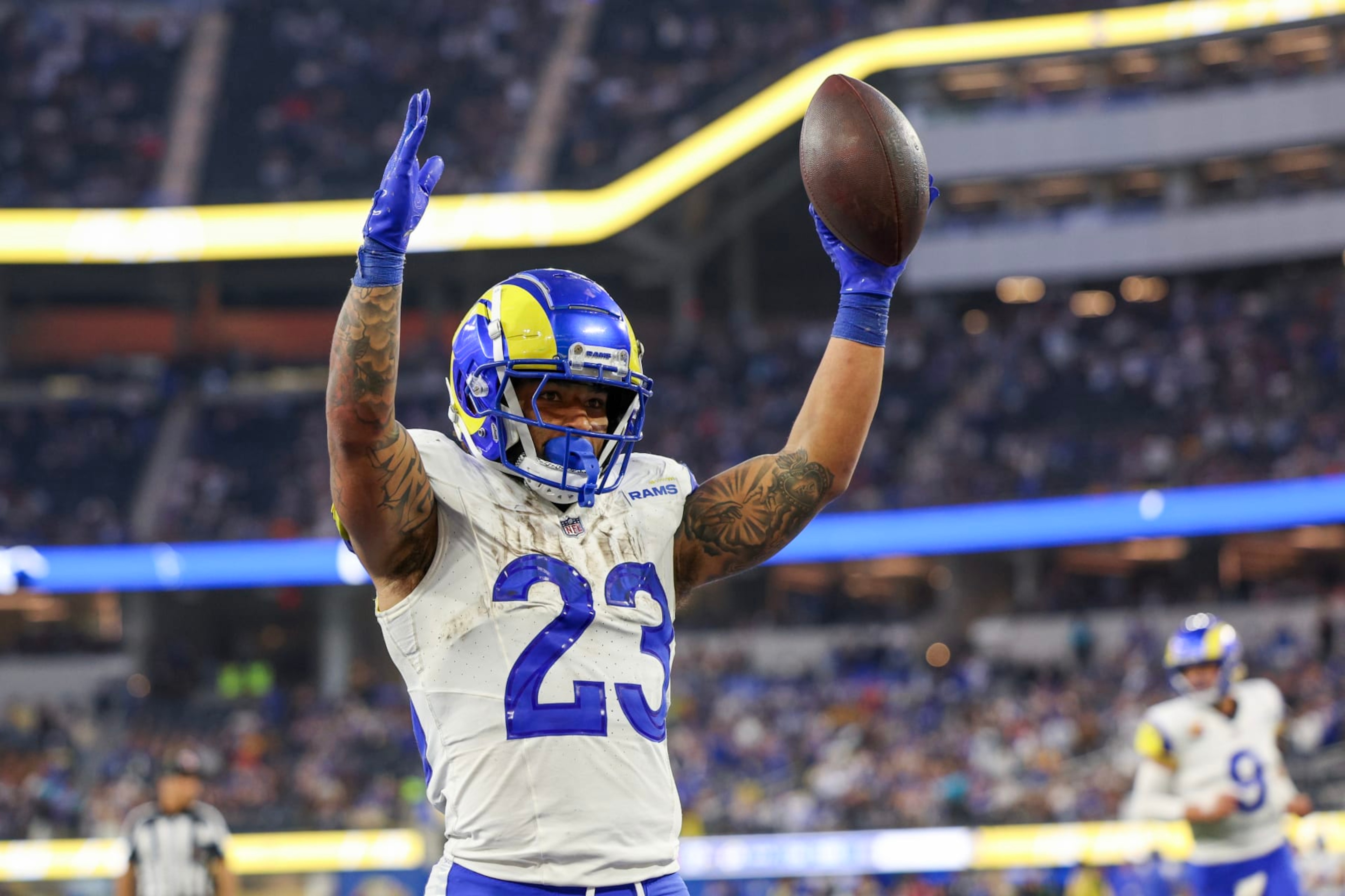 INGLEWOOD, CALIFORNIA - DECEMBER 03: Kyren Williams #23 of the Los Angeles Rams celebrates after scoring a touchdown in the fourth quarter against the Cleveland Browns at SoFi Stadium on December 03, 2023 in Inglewood, California. (Photo by Harry How/Getty Images)