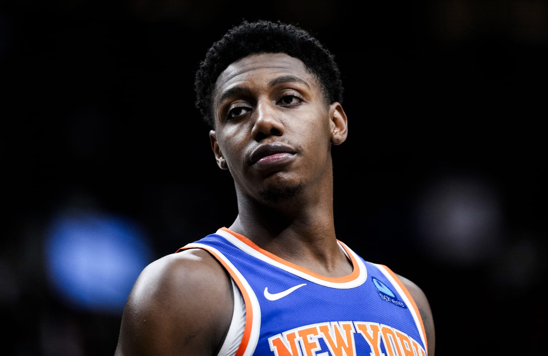 TORONTO, ON - DECEMBER 1: RJ Barrett #9 of the New York Knicks looks on against the Toronto Raptors during the second half of their basketball game at the Scotiabank Arena on December 1, 2023 in Toronto, Ontario, Canada. NOTE TO USER: User expressly acknowledges and agrees that, by downloading and/or using this Photograph, user is consenting to the terms and conditions of the Getty Images License Agreement. (Photo by Mark Blinch/Getty Images)