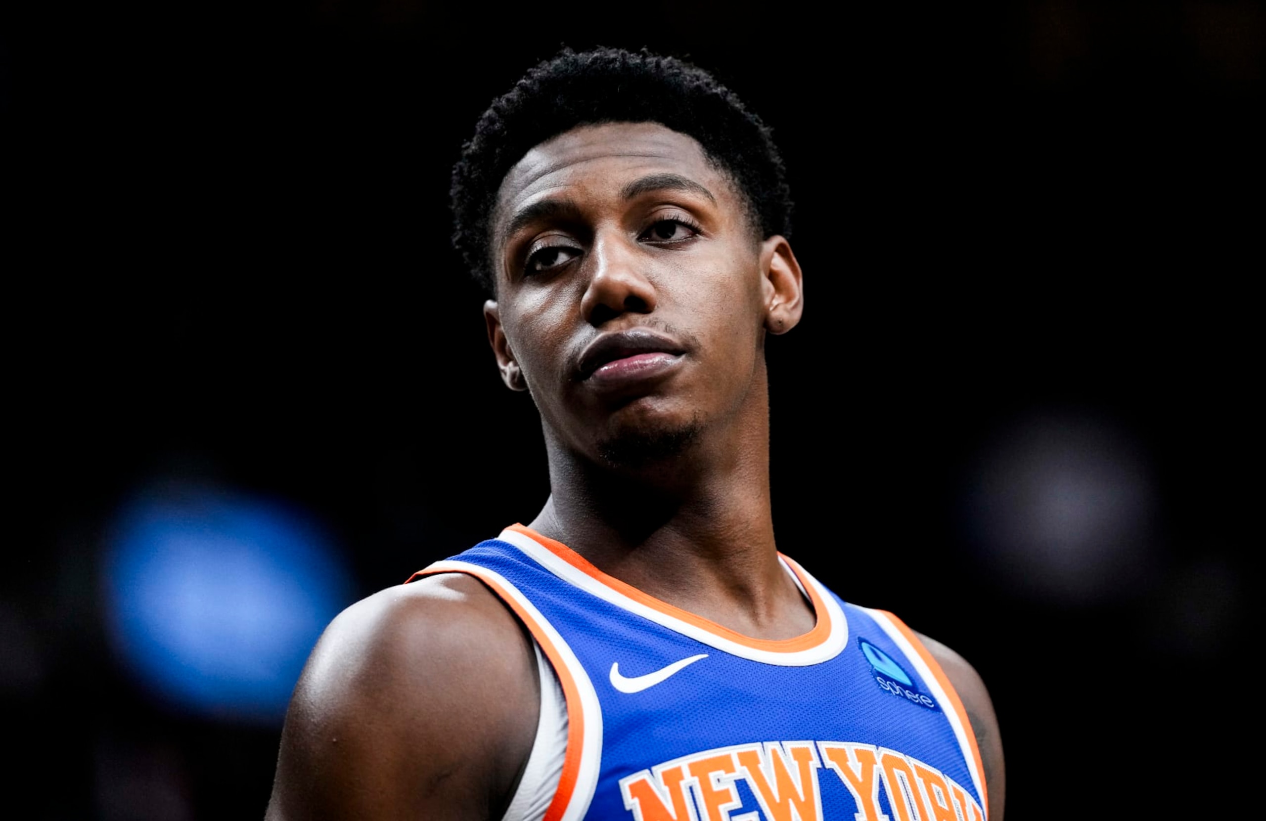 TORONTO, ON - DECEMBER 1: RJ Barrett #9 of the New York Knicks looks on against the Toronto Raptors during the second half of their basketball game at the Scotiabank Arena on December 1, 2023 in Toronto, Ontario, Canada. NOTE TO USER: User expressly acknowledges and agrees that, by downloading and/or using this Photograph, user is consenting to the terms and conditions of the Getty Images License Agreement. (Photo by Mark Blinch/Getty Images)