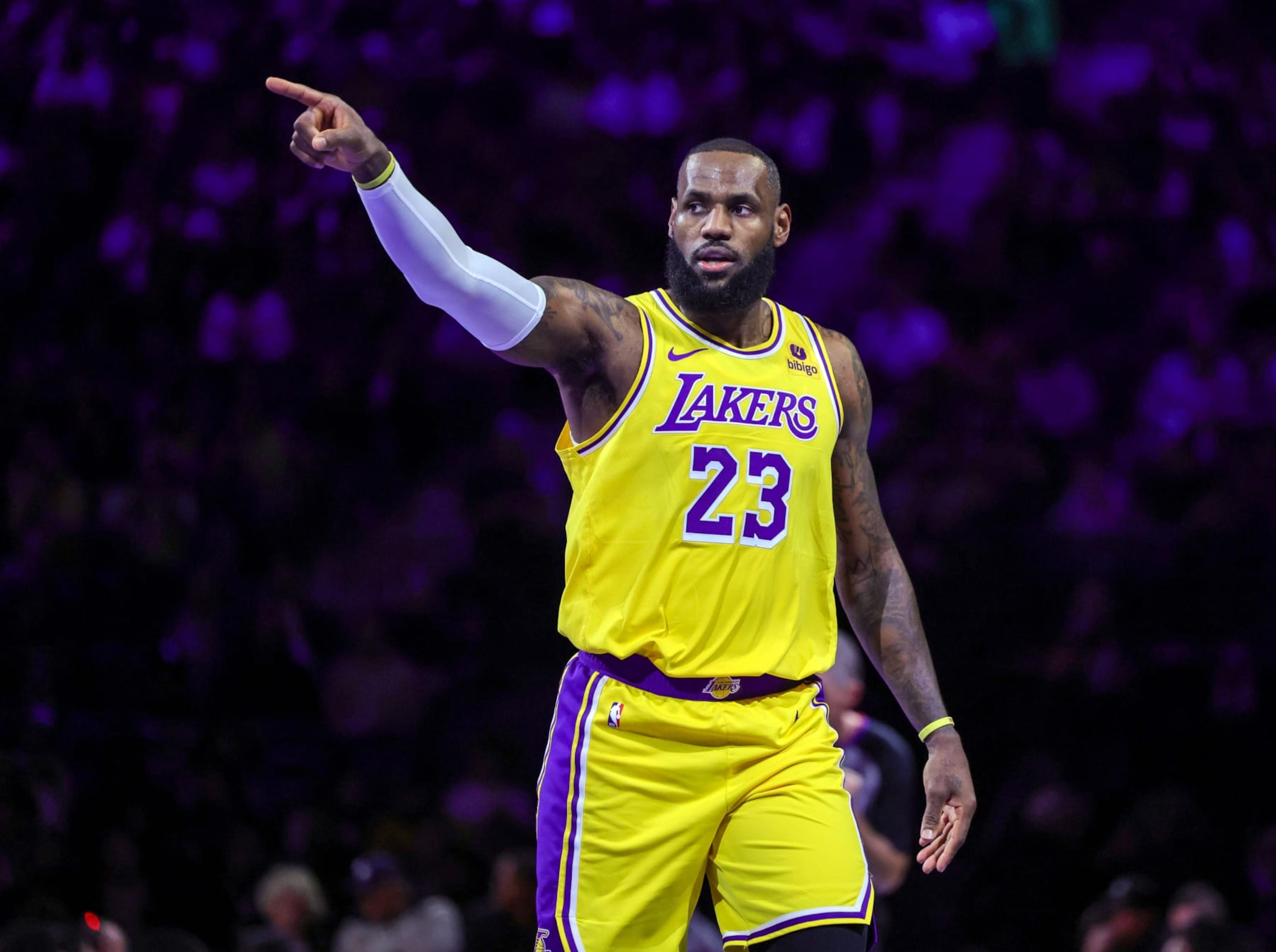 LAS VEGAS, NEVADA - DECEMBER 07: LeBron James #23 of the Los Angeles Lakers gestures in the first half of the West semifinal game of the inaugural NBA In-Season Tournament against the New Orleans Pelicans at T-Mobile Arena on December 07, 2023 in Las Vegas, Nevada. NOTE TO USER: User expressly acknowledges and agrees that, by downloading and or using this photograph, User is consenting to the terms and conditions of the Getty Images License Agreement.  (Photo by Ethan Miller/Getty Images)