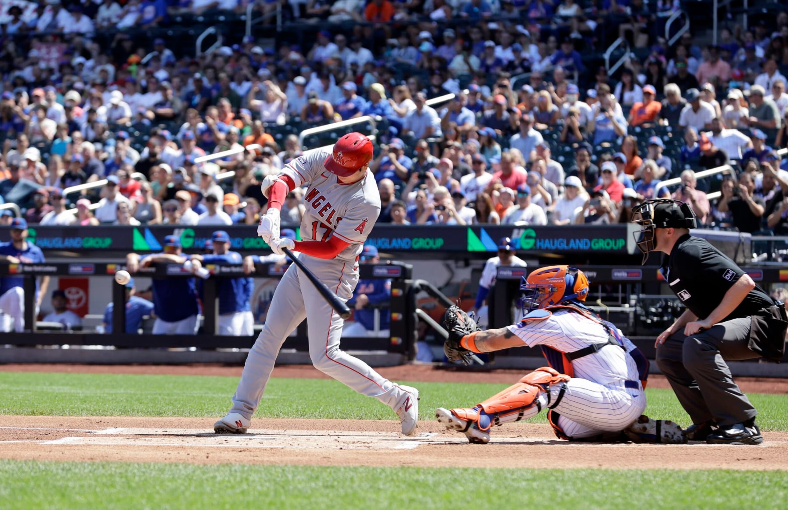 NEW YORK, NEW YORK - AUGUST 27:  Shohei Ohtani #17 of the Los Angeles Angels in action against the New York Mets at Citi Field on August 27, 2023 in New York City. The Mets defeated the Angels 3-2. (Photo by Jim McIsaac/Getty Images)