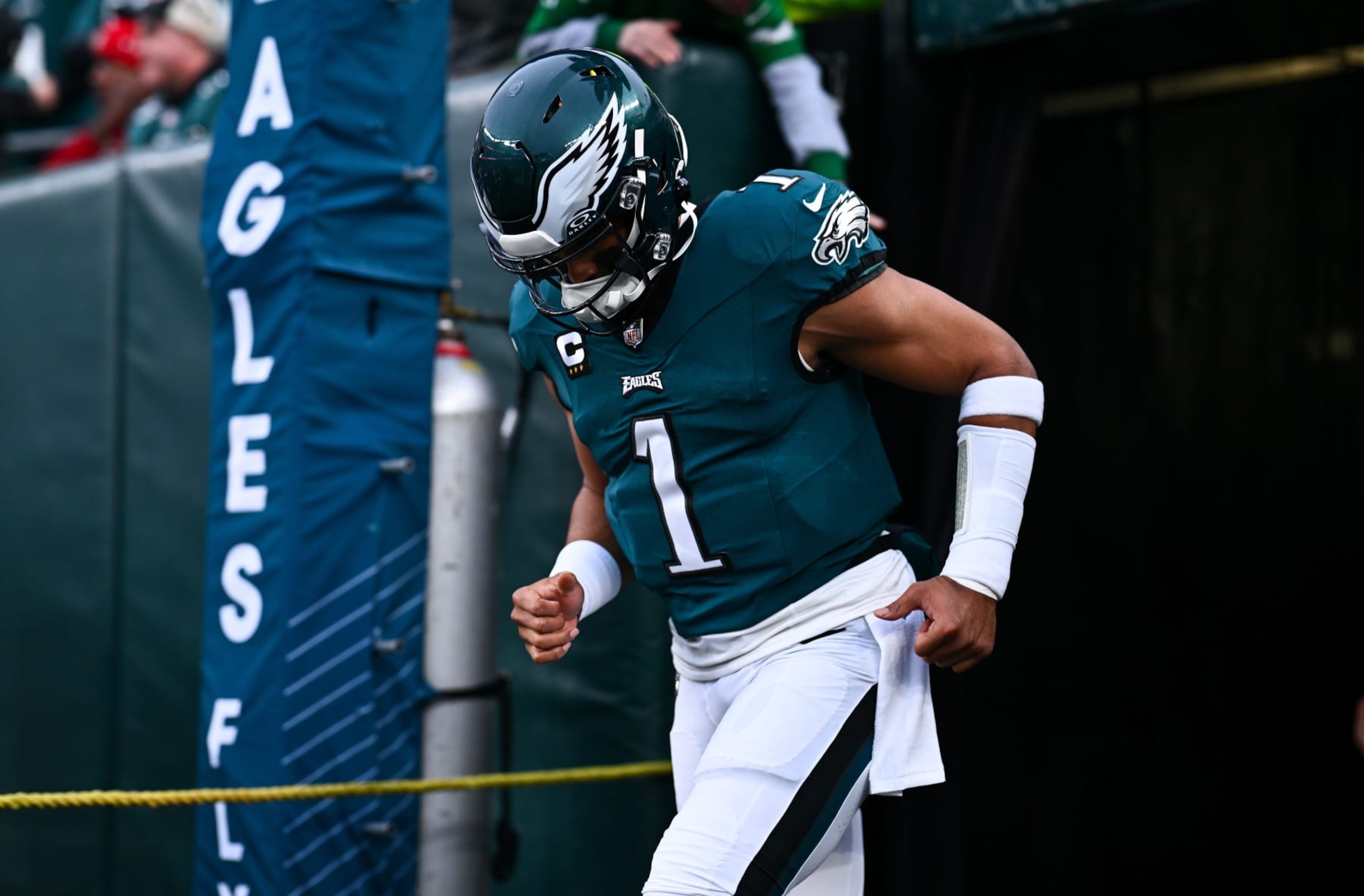 PHILADELPHIA, PA - DECEMBER 03: Philadelphia Eagles Quarterback Jalen Hurts (1) enters the field before the game between the San Francisco 49ers and Philadelphia Eagles on December 03, 2023 at Lincoln Financial Field in Philadelphia, PA. (Photo by Kyle Ross/Icon Sportswire via Getty Images) PHILADELPHIA, PA - DECEMBER 03: Philadelphia Eagles Quarterback Jalen Hurts (1) enters the field before the game between the San Francisco 49ers and Philadelphia Eagles on December 03, 2023 at Lincoln Financial Field in Philadelphia, PA. (Photo by Kyle Ross/Icon Sportswire via Getty Images)