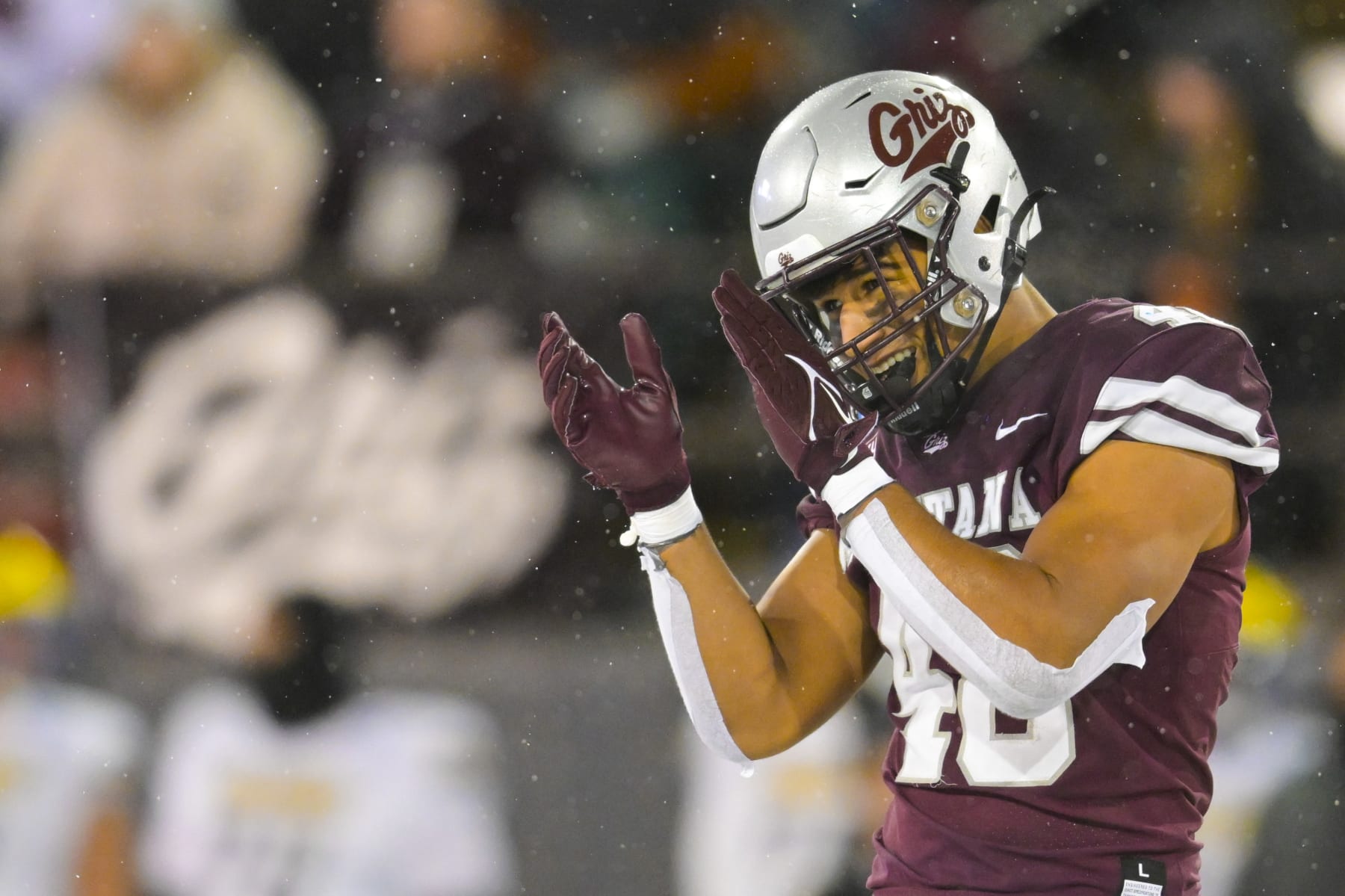MISSOULA, MONTANA - DECEMBER 2 : Hayden Harris #48 of the Montana Grizzlies reacts to a third down stop during the second quarter against the Delaware Fightin’ Blue Hens at Washington-Grizzly Stadium on December 2, 2023 in Missoula, Montana.  (Photo by Tommy Martino/University of Montana/Getty Images)