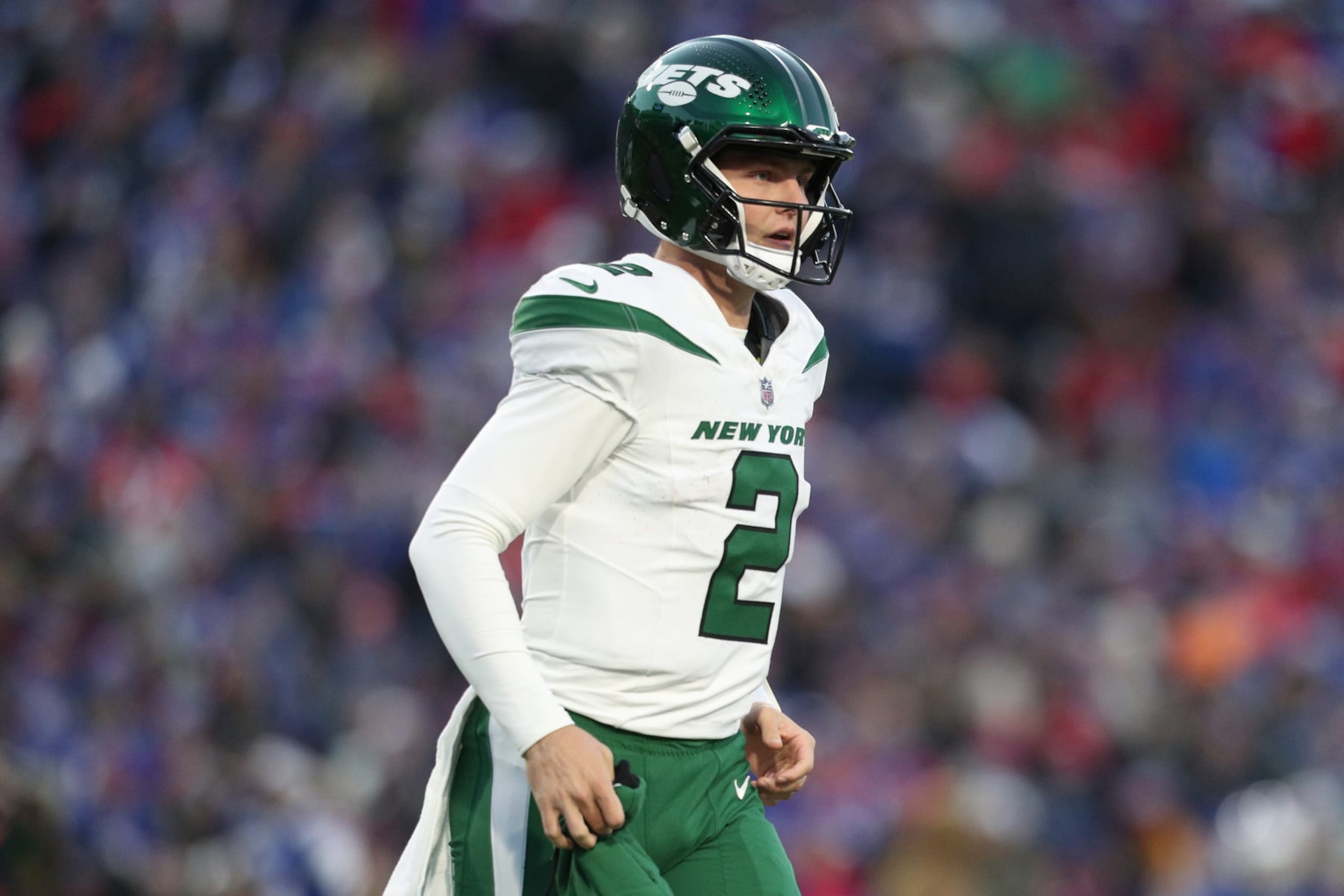 ORCHARD PARK, NEW YORK - NOVEMBER 19: Zach Wilson #2 of the New York Jets jogs across the field in the first quarter against the Buffalo Bills at Highmark Stadium on November 19, 2023 in Orchard Park, New York. (Photo by Bryan M. Bennett/Getty Images) ORCHARD PARK, NEW YORK - NOVEMBER 19: Zach Wilson #2 of the New York Jets jogs across the field in the first quarter against the Buffalo Bills at Highmark Stadium on November 19, 2023 in Orchard Park, New York. (Photo by Bryan M. Bennett/Getty Images)