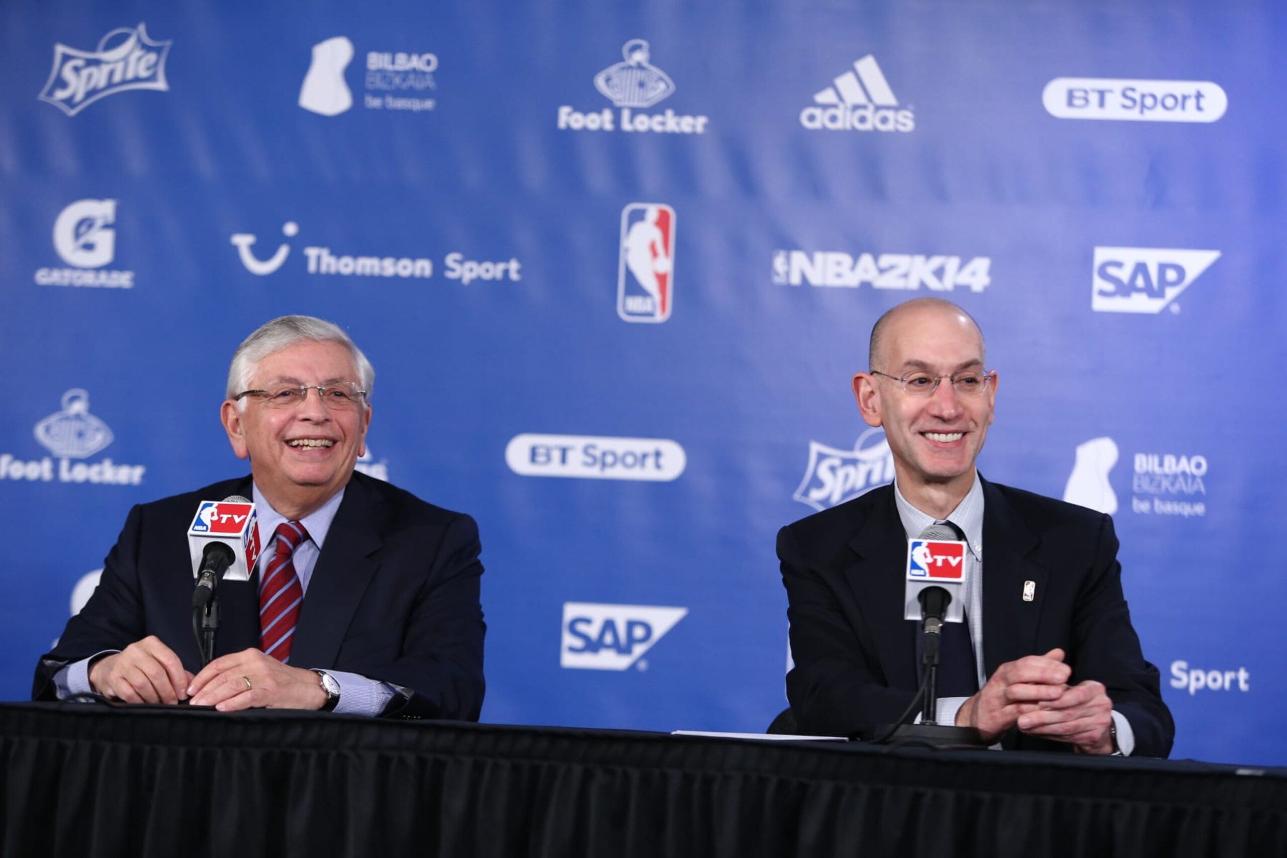 LONDON, ENGLAND - JANUARY 16: NBA Commissioner David Stern and NBA Deputy Commissioner Adam Silver addresses the media prior to the game of the Brooklyn Nets against the Atlanta Hawks as part of  the 2014 Global Games on January 16, 2014 at The O2 Arena in London, England. NOTE TO USER: User expressly acknowledges and agrees that, by downloading and/or using this Photograph, user is consenting to the terms and conditions of the Getty Images License Agreement. Mandatory Copyright Notice: Copyright 2014 NBAE (Photo by Nathaniel S. Butler/NBAE via Getty Images)