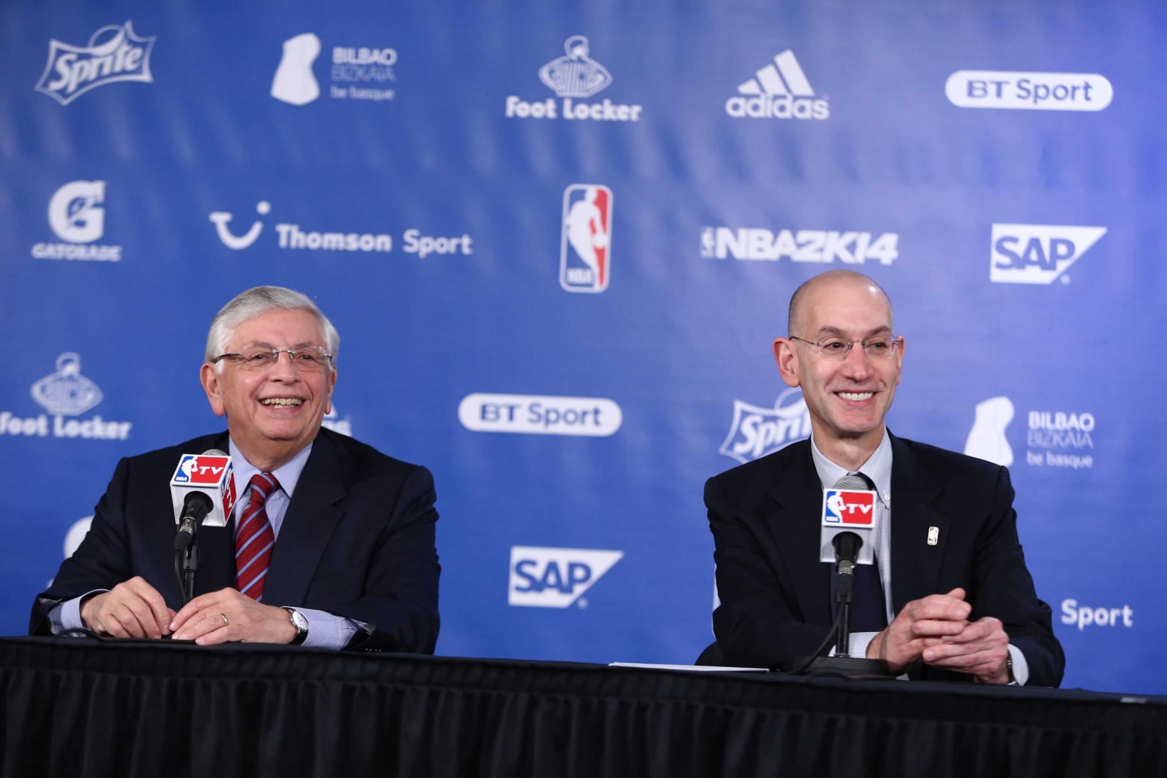 LONDON, ENGLAND - JANUARY 16: NBA Commissioner David Stern and NBA Deputy Commissioner Adam Silver addresses the media prior to the game of the Brooklyn Nets against the Atlanta Hawks as part of  the 2014 Global Games on January 16, 2014 at The O2 Arena in London, England. NOTE TO USER: User expressly acknowledges and agrees that, by downloading and/or using this Photograph, user is consenting to the terms and conditions of the Getty Images License Agreement. Mandatory Copyright Notice: Copyright 2014 NBAE (Photo by Nathaniel S. Butler/NBAE via Getty Images)
