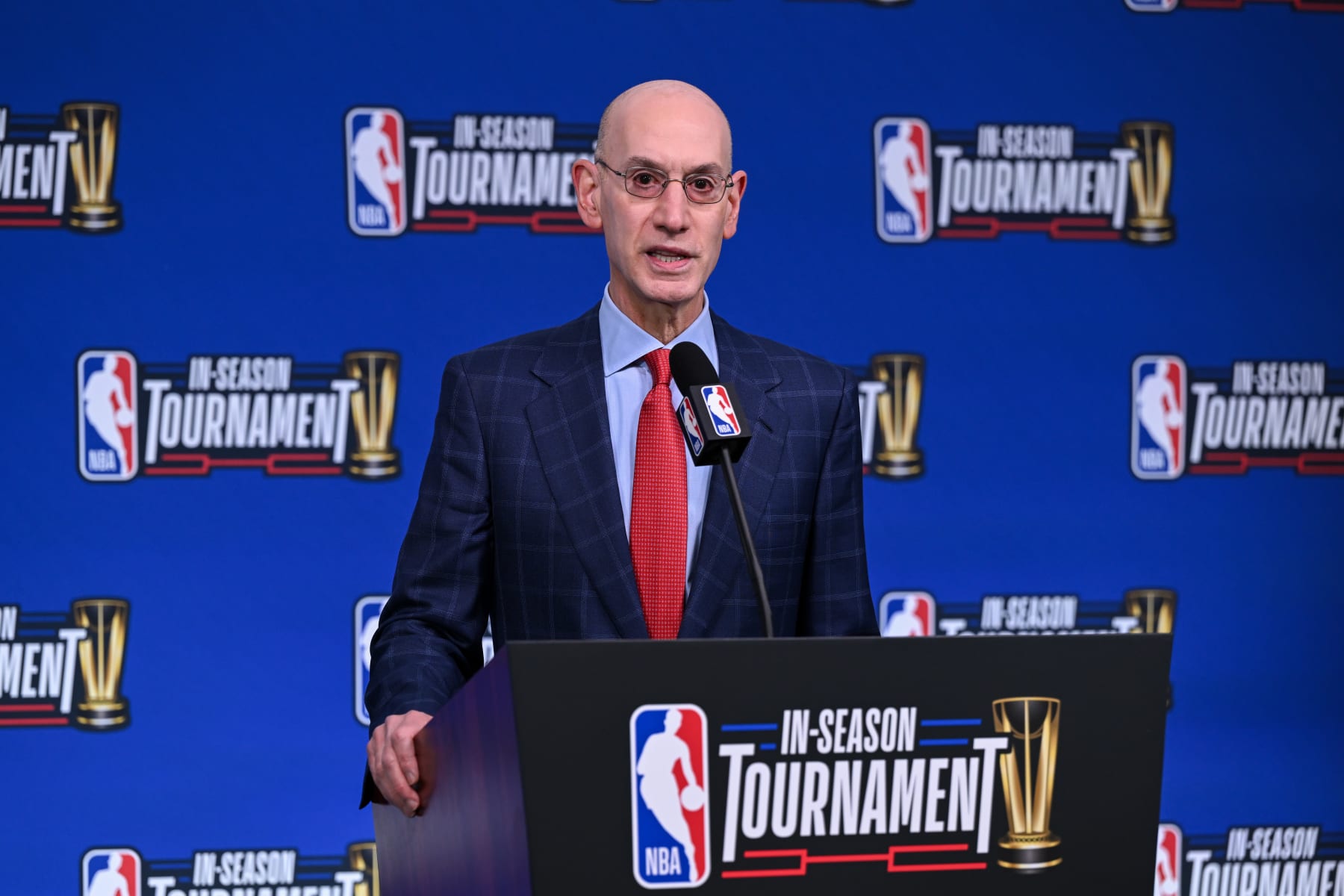 LAS VEGAS, NEVADA - DECEMBER 9: Commissioner of the NBA Adam Silver speaks at the press conference before the NBA In-Season Tournament Finals game between Los Angeles Lakers and Indiana Pacers at the T-Mobile Arena in Las Vegas, Nevada, United States on December 9, 2023. (Photo by Tayfun Coskun/Anadolu via Getty Images)