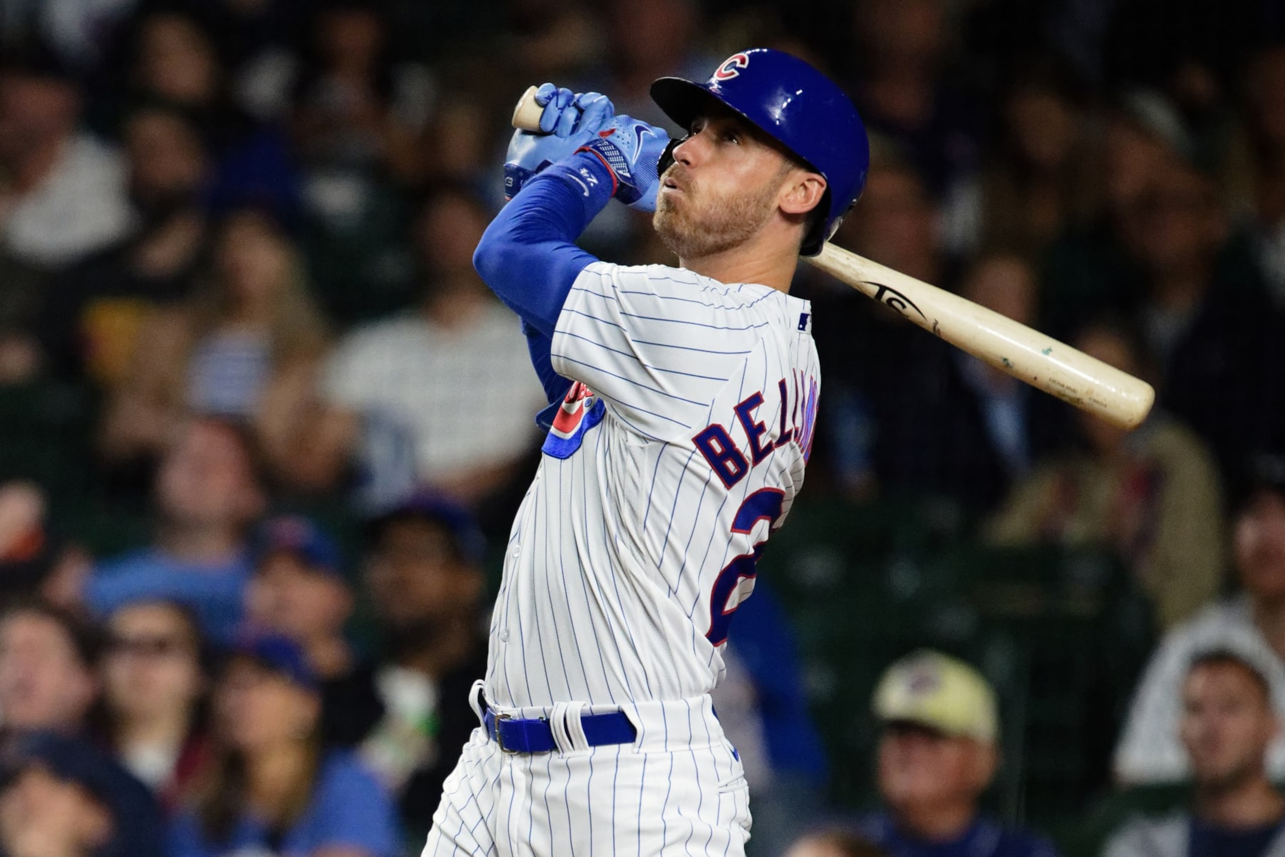 CHICAGO, IL - SEPTEMBER 21:  Cody Bellinger #24 of the Chicago Cubs bats against the Pittsburgh Pirates at Wrigley Field on September 21, 2023 in Chicago, Illinois.  (Photo by Jamie Sabau/Getty Images)