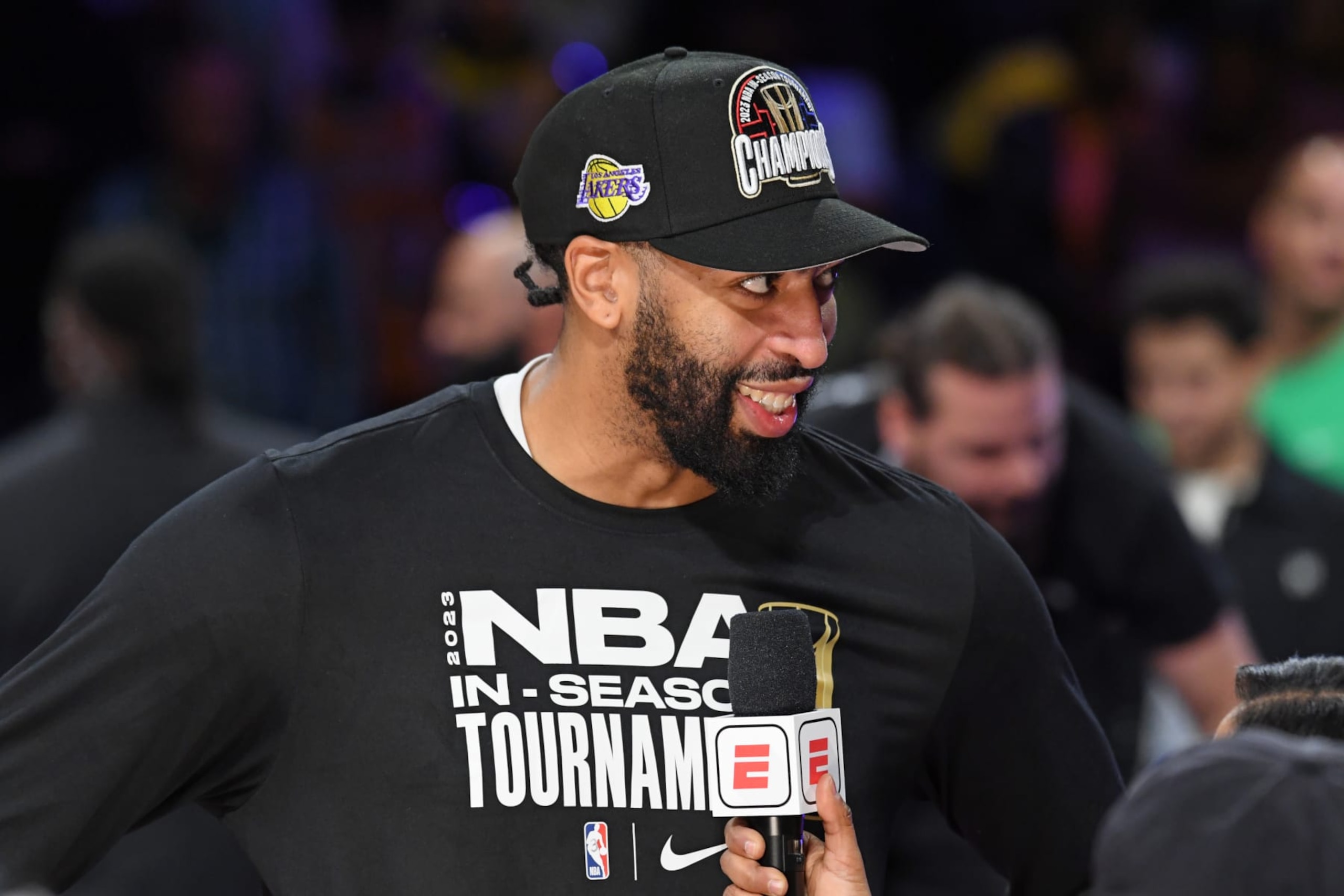 LAS VEGAS, NV - DECEMBER 9: Anthony Davis #3 of the Los Angeles Lakers talks to the media after winning the In-Season Tournament Championship game against the Indiana Pacers  on December 9, 2023 at T-Mobile Arena in Las Vegas, Nevada. NOTE TO USER: User expressly acknowledges and agrees that, by downloading and or using this photograph, User is consenting to the terms and conditions of the Getty Images License Agreement. Mandatory Copyright Notice: Copyright 2023 NBAE (Photo by Juan Ocampo/NBAE via Getty Images)