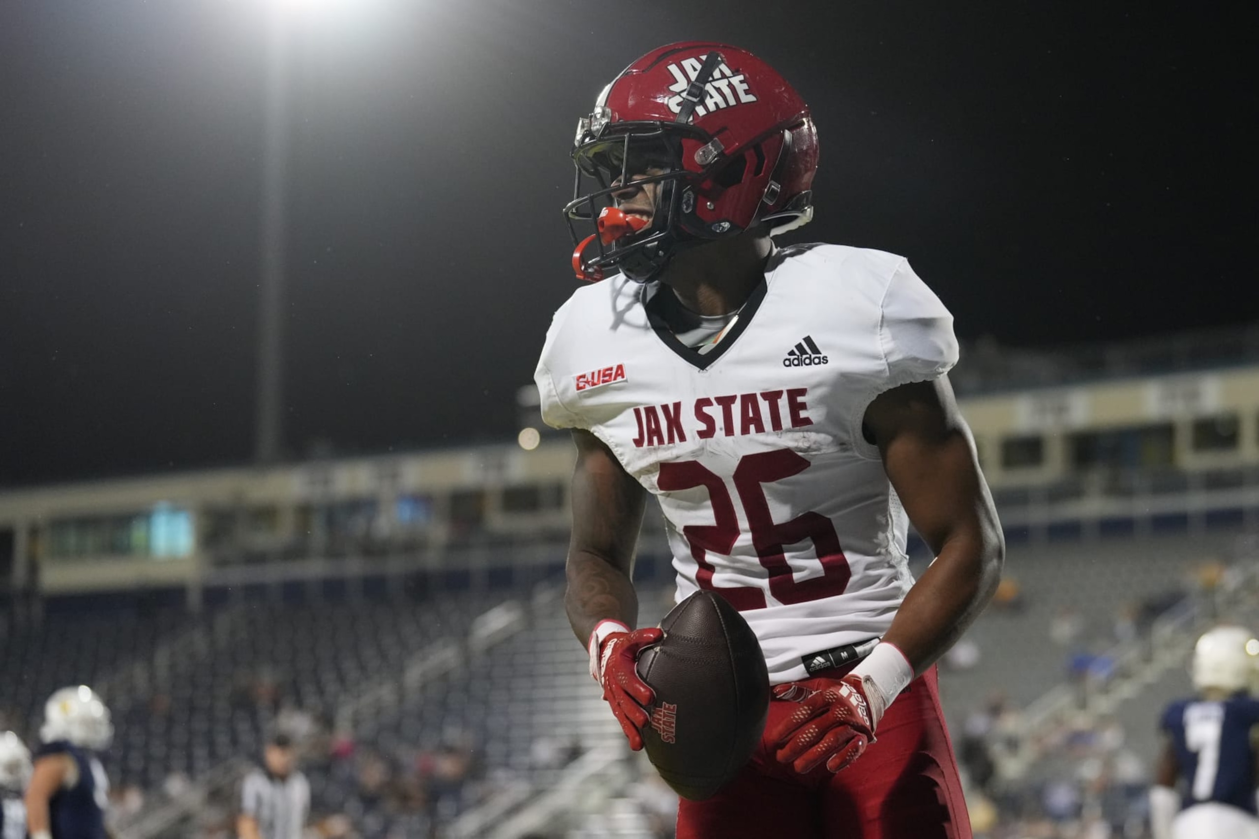 MIAMI, FL - OCTOBER 25: Jacksonville State Gamecocks running back Ron Wiggins (26) his rushing touchdown in the first quarter during the game between the Jacksonville State Gamecocks and the Florida International (FIU) Golden Panthers on Wednesday, October 25, 202 at Ricardo Silva Stadium, Miami, Fla. (Photo by Peter Joneleit/Icon Sportswire via Getty Images)