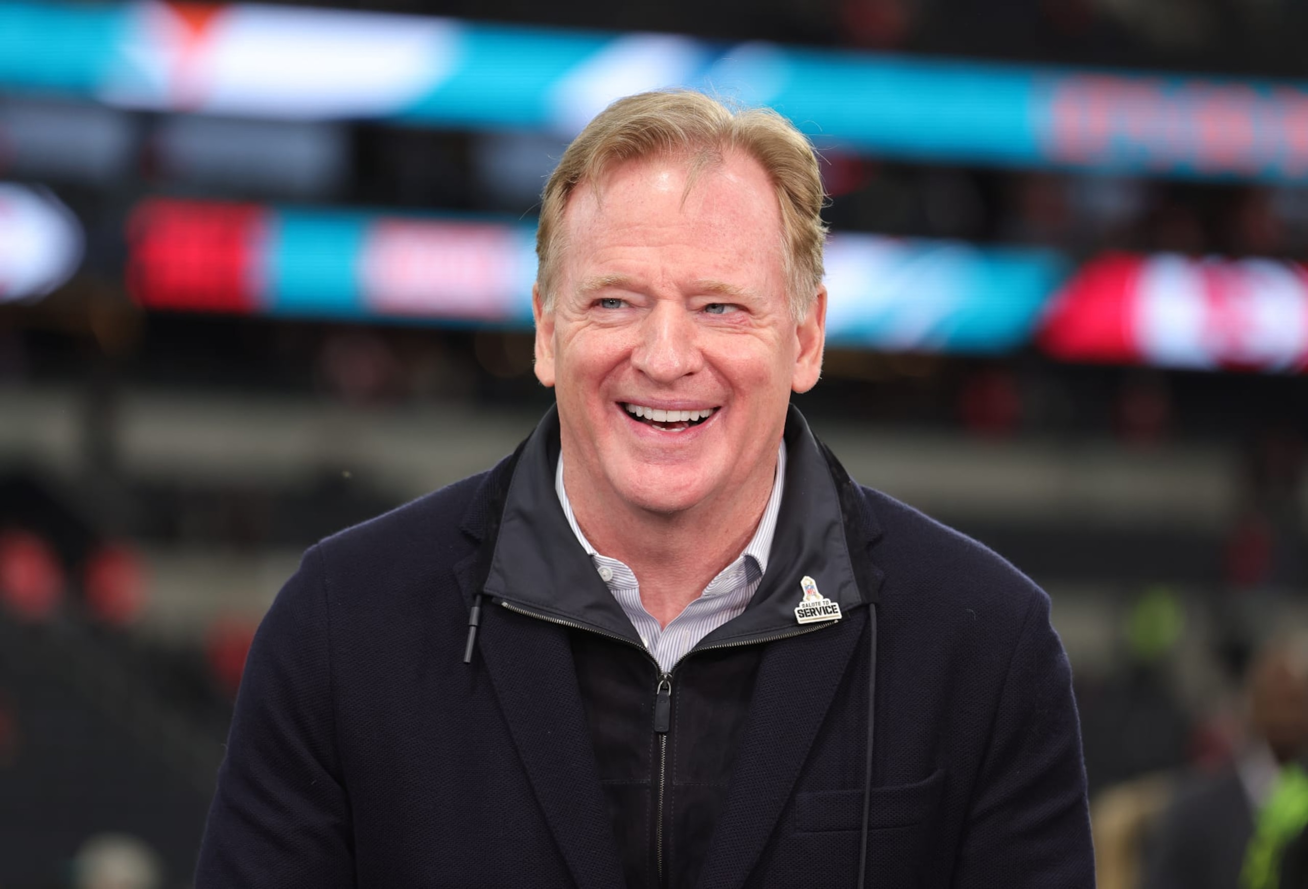 FRANKFURT AM MAIN, GERMANY - NOVEMBER 5: Commissioner Roger Goodell looks on ahead of the NFL match between Miami Dolphins and Kansas City Chiefs at Deutsche Bank Park on November 5, 2023 in Frankfurt am Main, Germany. (Photo by Ralf Ibing - firo sportphoto/Getty Images)