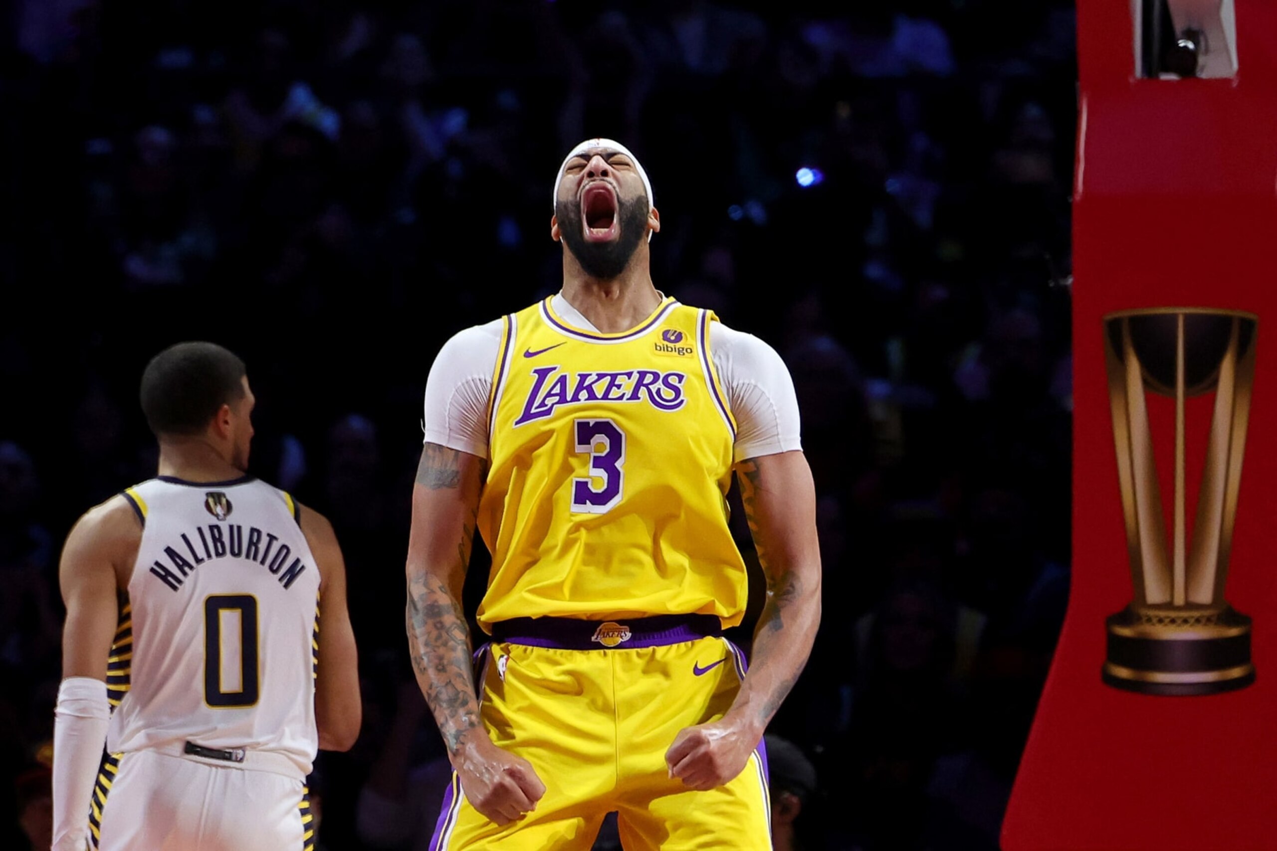 LAS VEGAS, NEVADA - DECEMBER 09: Anthony Davis #3 of the Los Angeles Lakers celebrates a basket against the Indiana Pacers during the fourth quarter in the championship game of the inaugural NBA In-Season Tournament at T-Mobile Arena on December 09, 2023 in Las Vegas, Nevada. NOTE TO USER: User expressly acknowledges and agrees that, by downloading and or using this photograph, User is consenting to the terms and conditions of the Getty Images License Agreement. (Photo by Ethan Miller/Getty Images)