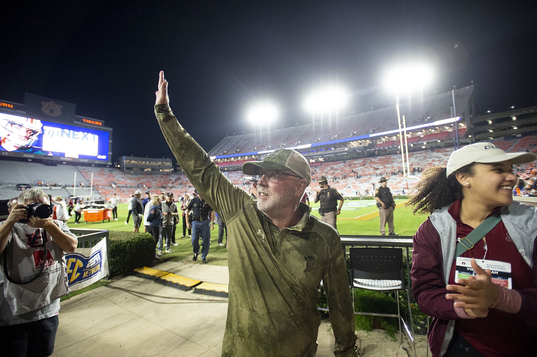 AUBURN, ALABAMA - NOVEMBER 18: Head coach Jerry Kill of the New Mexico State Aggies waves to fans after defeating the Auburn Tigers at Jordan-Hare Stadium on November 18, 2023 in Auburn, Alabama. (Photo by Michael Chang/Getty Images)