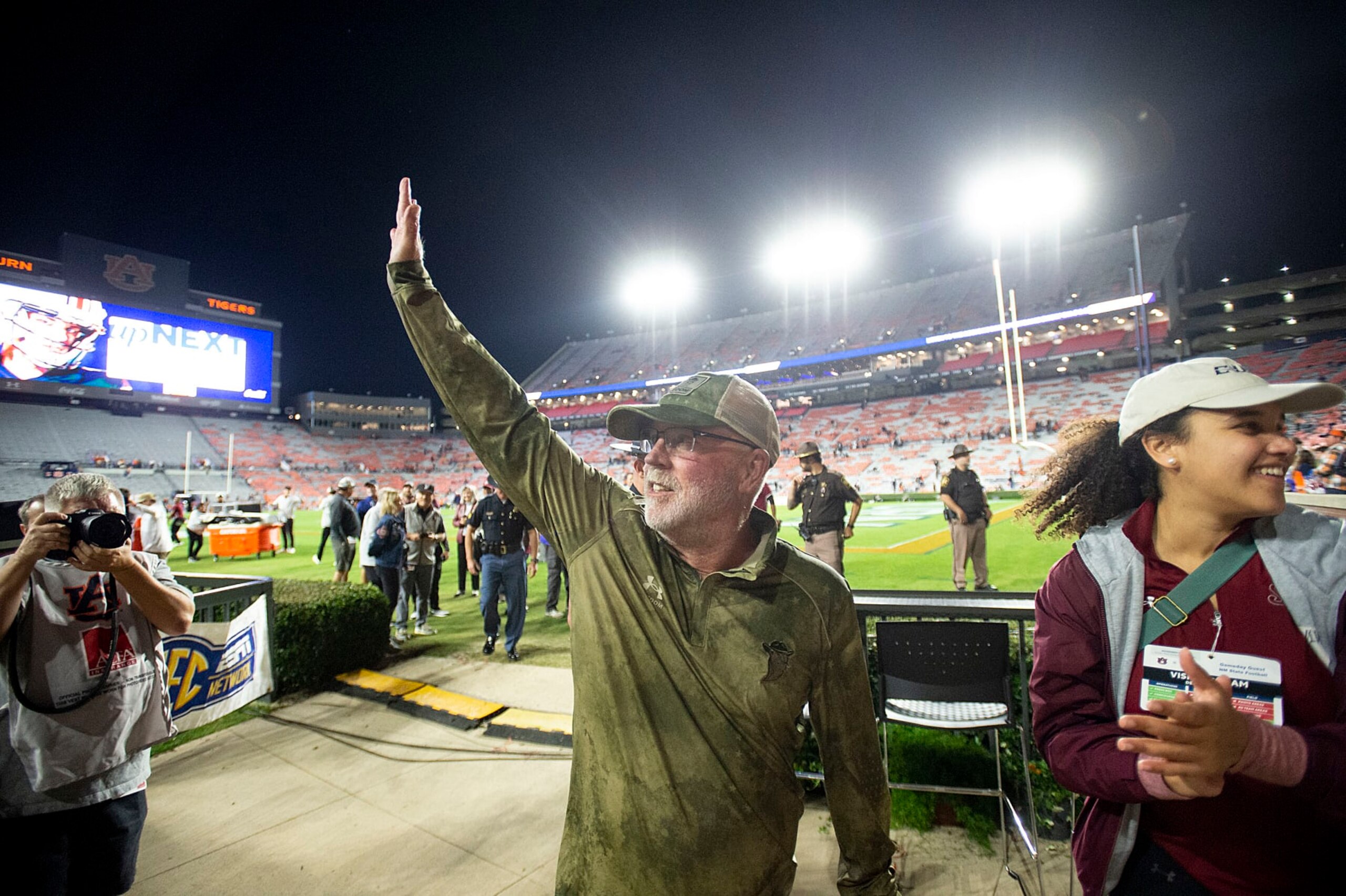 AUBURN, ALABAMA - NOVEMBER 18: Head coach Jerry Kill of the New Mexico State Aggies waves to fans after defeating the Auburn Tigers at Jordan-Hare Stadium on November 18, 2023 in Auburn, Alabama. (Photo by Michael Chang/Getty Images)