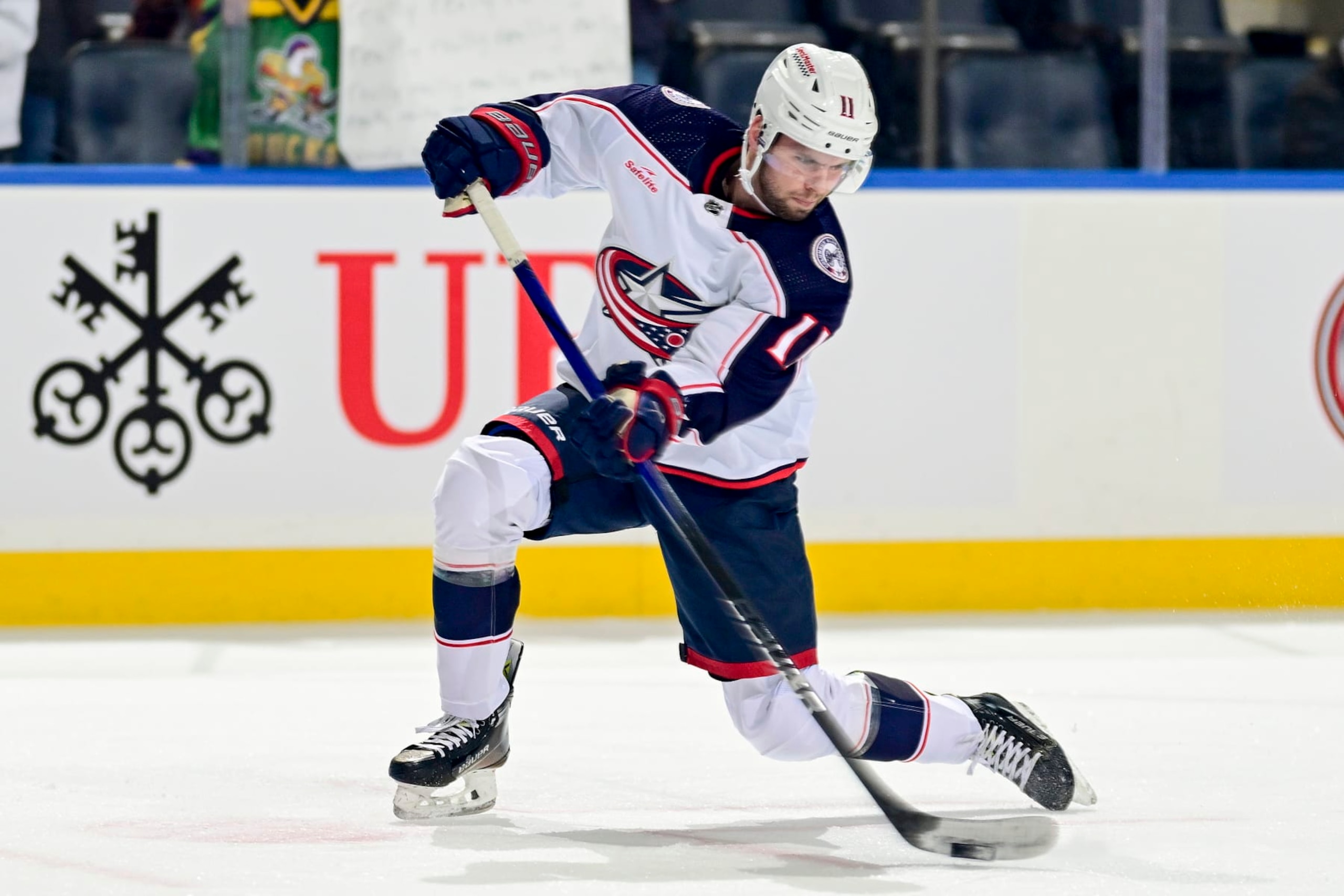 ELMONT, NEW YORK - DECEMBER 07:  Adam Fantilli #11 of the Columbus Blue Jackets warms up before a game against the New York Islanders at UBS Arena on December 07, 2023 in Elmont, New York. (Photo by Steven Ryan/NHLI via Getty Images)