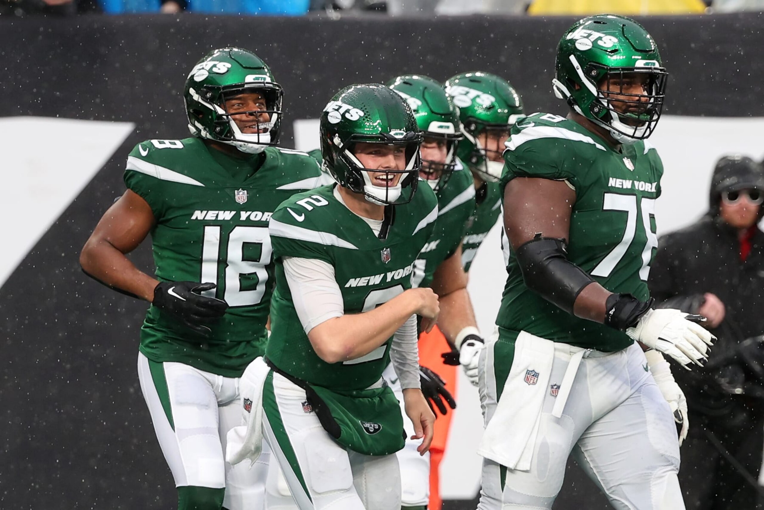 EAST RUTHERFORD, NEW JERSEY - DECEMBER 10: Zach Wilson #2 of the New York Jets celebrates after a touchdown during the third quarter in the game against the Houston Texans at MetLife Stadium on December 10, 2023 in East Rutherford, New Jersey. (Photo by Al Bello/Getty Images)