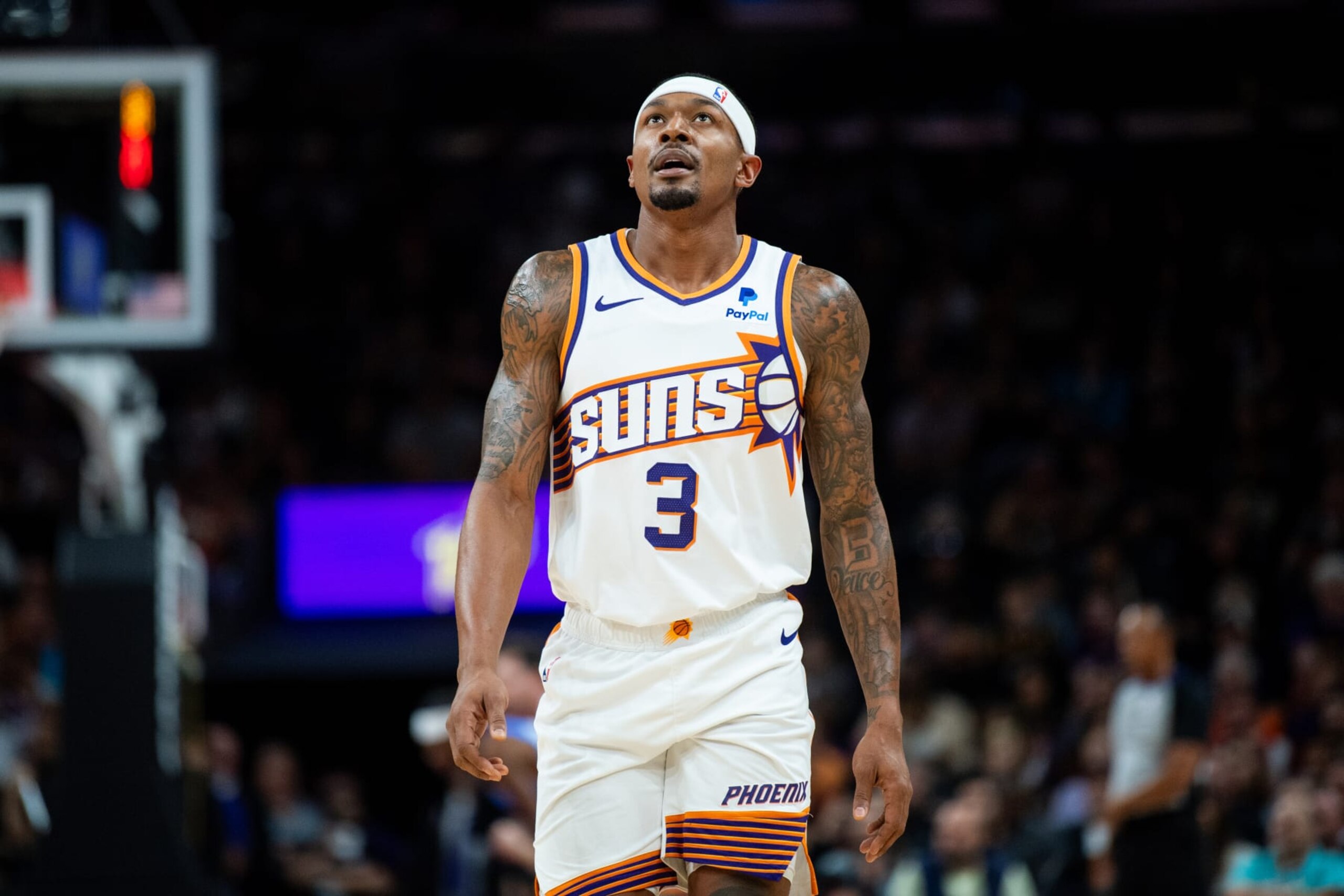 PHOENIX, ARIZONA - NOVEMBER 12: Bradley Beal #3 of the Phoenix Suns looks on during the first half of the NBA game against the Oklahoma City Thunder at Footprint Center on November 12, 2023 in Phoenix, Arizona. The Thunder defeated the Suns 111-99. NOTE TO USER: User expressly acknowledges and agrees that, by downloading and or using this photograph, User is consenting to the terms and conditions of the Getty Images License Agreement. (Photo by Kelsey Grant/Getty Images) PHOENIX, ARIZONA - NOVEMBER 12: Bradley Beal #3 of the Phoenix Suns looks on during the first half of the NBA game against the Oklahoma City Thunder at Footprint Center on November 12, 2023 in Phoenix, Arizona. The Thunder defeated the Suns 111-99. NOTE TO USER: User expressly acknowledges and agrees that, by downloading and or using this photograph, User is consenting to the terms and conditions of the Getty Images License Agreement. (Photo by Kelsey Grant/Getty Images)