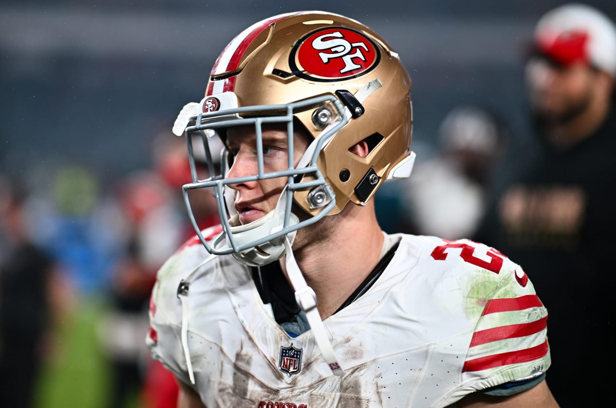 PHILADELPHIA, PA - DECEMBER 03: San Francisco 49ers Running Back Christian McCaffrey (23) looks on after the game between the San Francisco 49ers and Philadelphia Eagles on December 03, 2023 at Lincoln Financial Field in Philadelphia, PA. (Photo by Kyle Ross/Icon Sportswire via Getty Images) PHILADELPHIA, PA - DECEMBER 03: San Francisco 49ers Running Back Christian McCaffrey (23) looks on after the game between the San Francisco 49ers and Philadelphia Eagles on December 03, 2023 at Lincoln Financial Field in Philadelphia, PA. (Photo by Kyle Ross/Icon Sportswire via Getty Images)