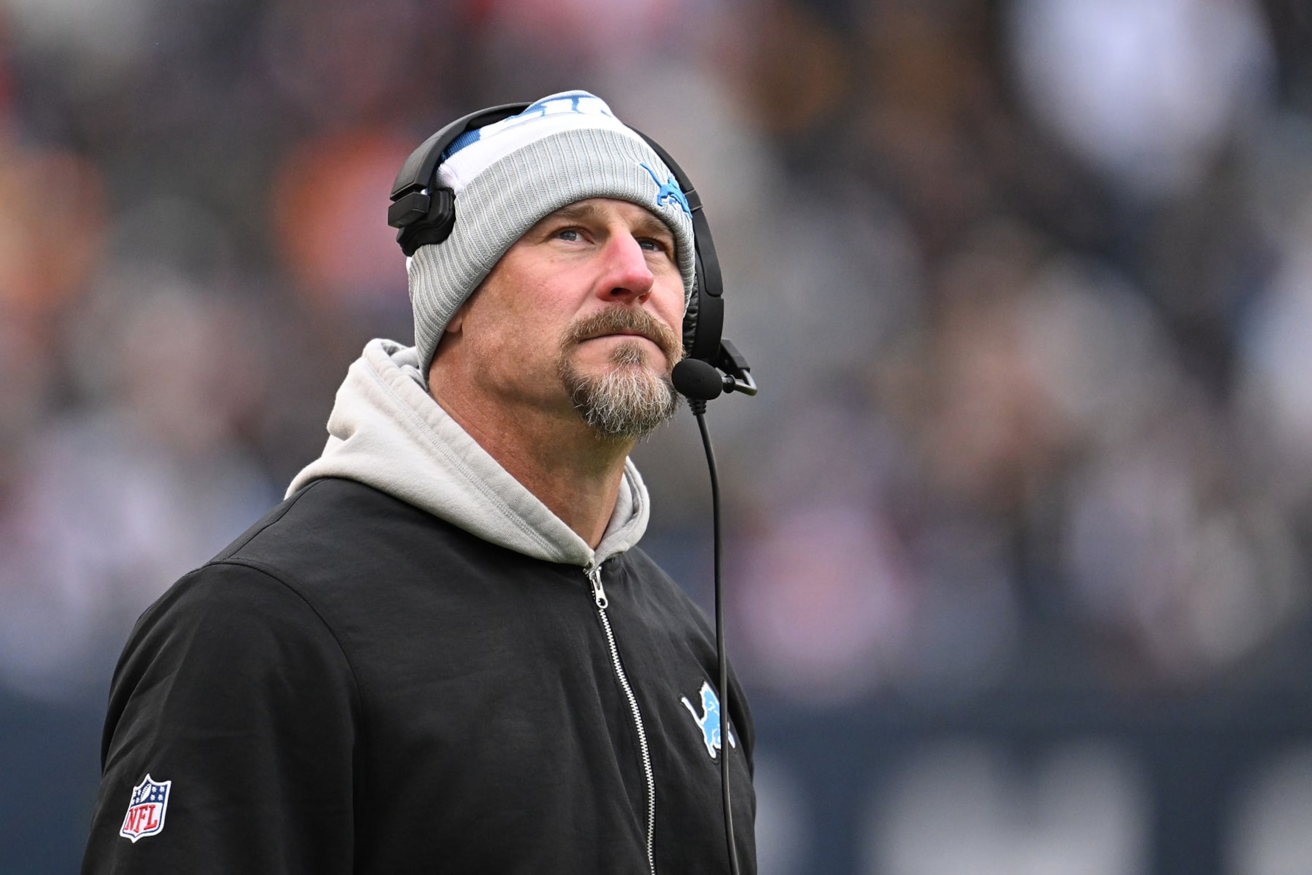 CHICAGO, ILLINOIS - DECEMBER 10: Head coach Dan Campbell of the Detroit Lions looks on during the third quarter in the game against the Chicago Bears at Soldier Field on December 10, 2023 in Chicago, Illinois. (Photo by Quinn Harris/Getty Images)