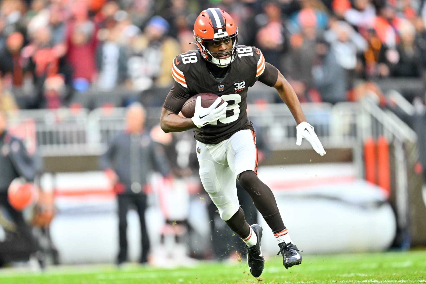 CLEVELAND, OHIO - DECEMBER 10: David Bell #18 of the Cleveland Browns runs for a touchdown during the fourth quarter against the Jacksonville Jaguars at Cleveland Browns Stadium on December 10, 2023 in Cleveland, Ohio. (Photo by Jason Miller/Getty Images)