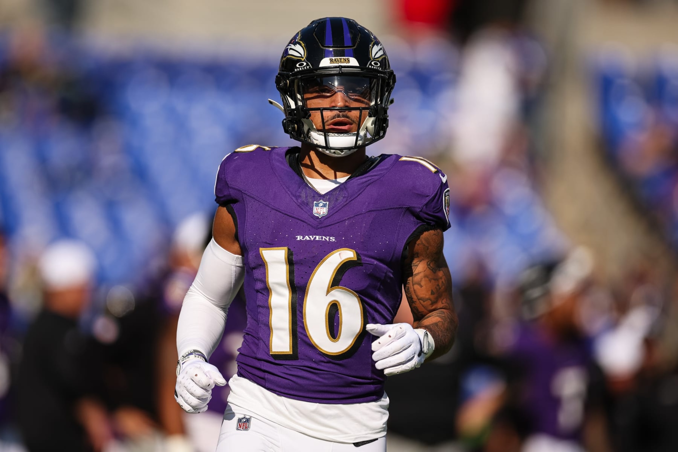 BALTIMORE, MD - NOVEMBER 05: Tylan Wallace #16 of the Baltimore Ravens warms up before the game against the Seattle Seahawks at M&T Bank Stadium on November 5, 2023 in Baltimore, Maryland. (Photo by Scott Taetsch/Getty Images)