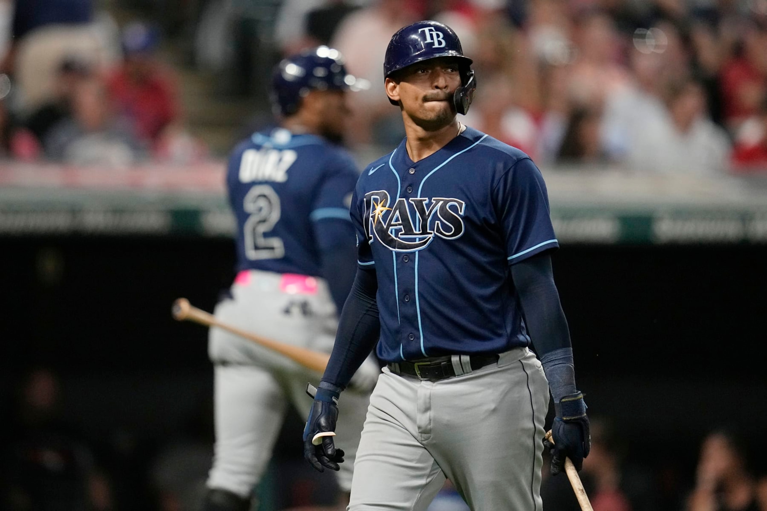 Tampa Bay Rays' Christian Bethancourt walks back to the dugout after striking out in the seventh inning of a baseball game against the Cleveland Guardians, Saturday, Sept. 2, 2023, in Cleveland. (AP Photo/Sue Ogrocki) Tampa Bay Rays' Christian Bethancourt walks back to the dugout after striking out in the seventh inning of a baseball game against the Cleveland Guardians, Saturday, Sept. 2, 2023, in Cleveland. (AP Photo/Sue Ogrocki)