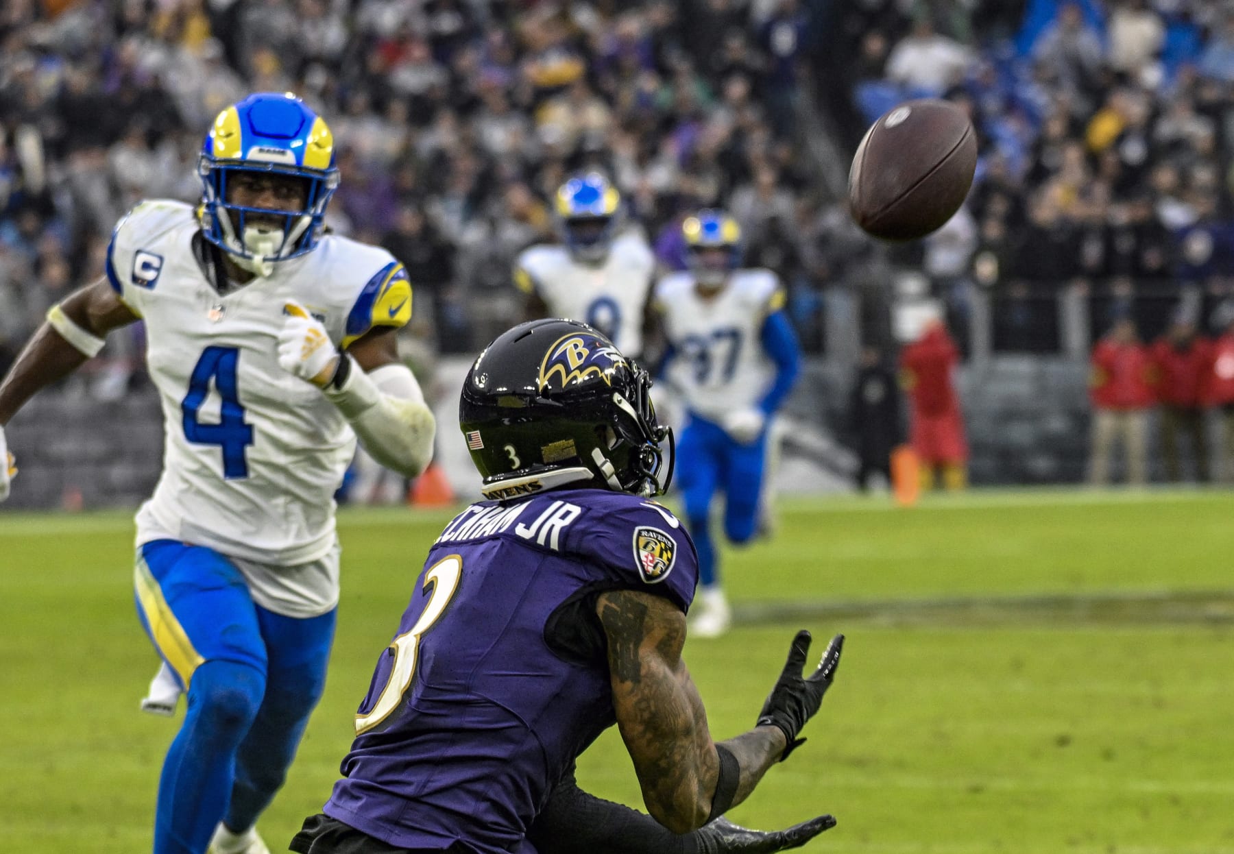 BALTIMORE, MD - DECEMBER 10:  Baltimore Ravens wide receiver Odell Beckham Jr. (3) catches a touchdown  pass against Los Angeles Rams safety Jordan Fuller (4) during the Los Angeles Rams game versus the Baltimore Ravens on December 10, 2023 at M&T Bank Stadium in Baltimore, MD.  (Photo by Mark Goldman/Icon Sportswire via Getty Images)