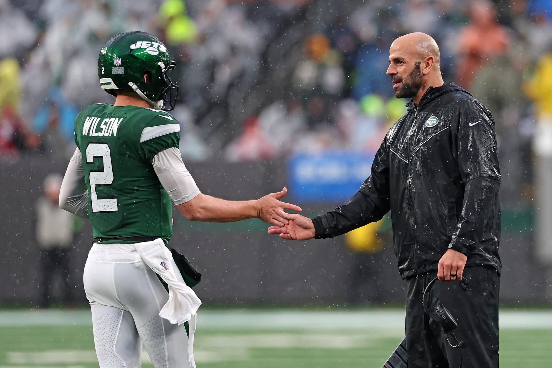 EAST RUTHERFORD, NEW JERSEY - DECEMBER 10: Head coach Robert Saleh of the New York Jets celebrates after a touchdown with Zach Wilson #2 during the third quarter in the game against the Houston Texans at MetLife Stadium on December 10, 2023 in East Rutherford, New Jersey. (Photo by Al Bello/Getty Images)