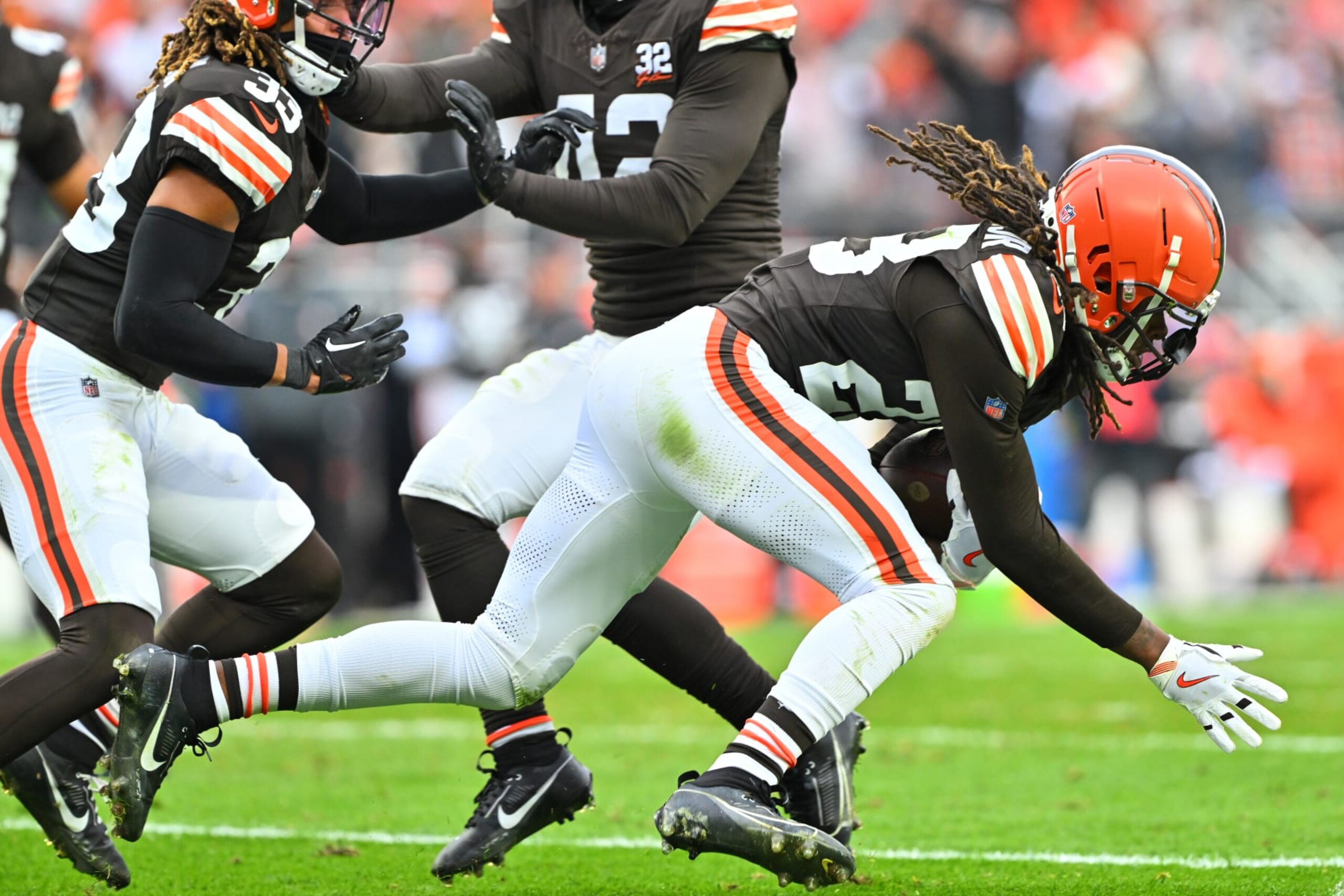 Browns CB Martin Emerson Jr. runs with the ball following an interception against Jacksonville Browns CB Martin Emerson Jr. runs with the ball following an interception against Jacksonville