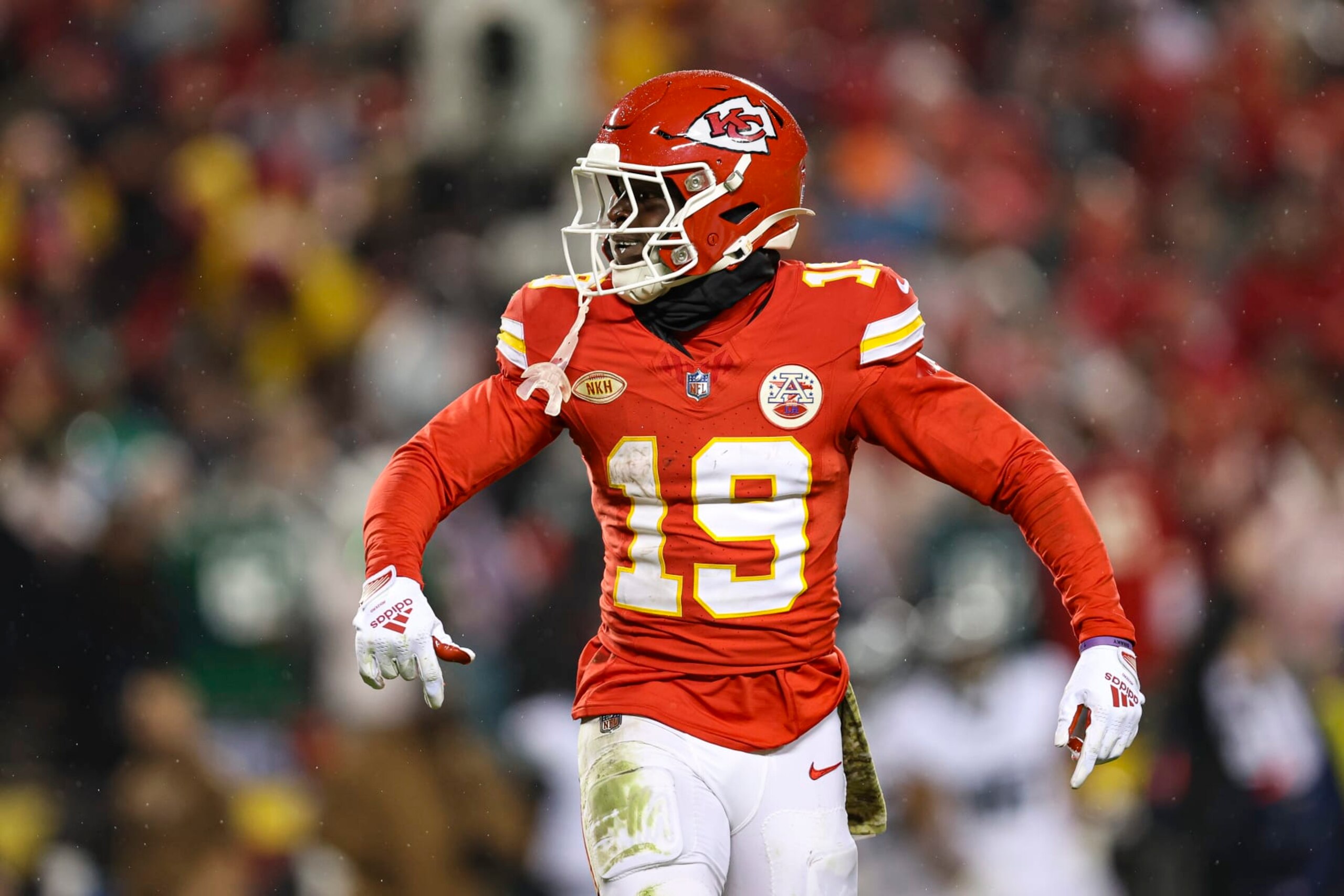 KANSAS CITY, MO - NOVEMBER 20: Kadarius Toney #19 of the Kansas City Chiefs celebrates during an NFL football game against the Philadelphia Eagles at GEHA Field at Arrowhead Stadium on November 20, 2023 in Kansas City, Missouri. (Photo by Perry Knotts/Getty Images)