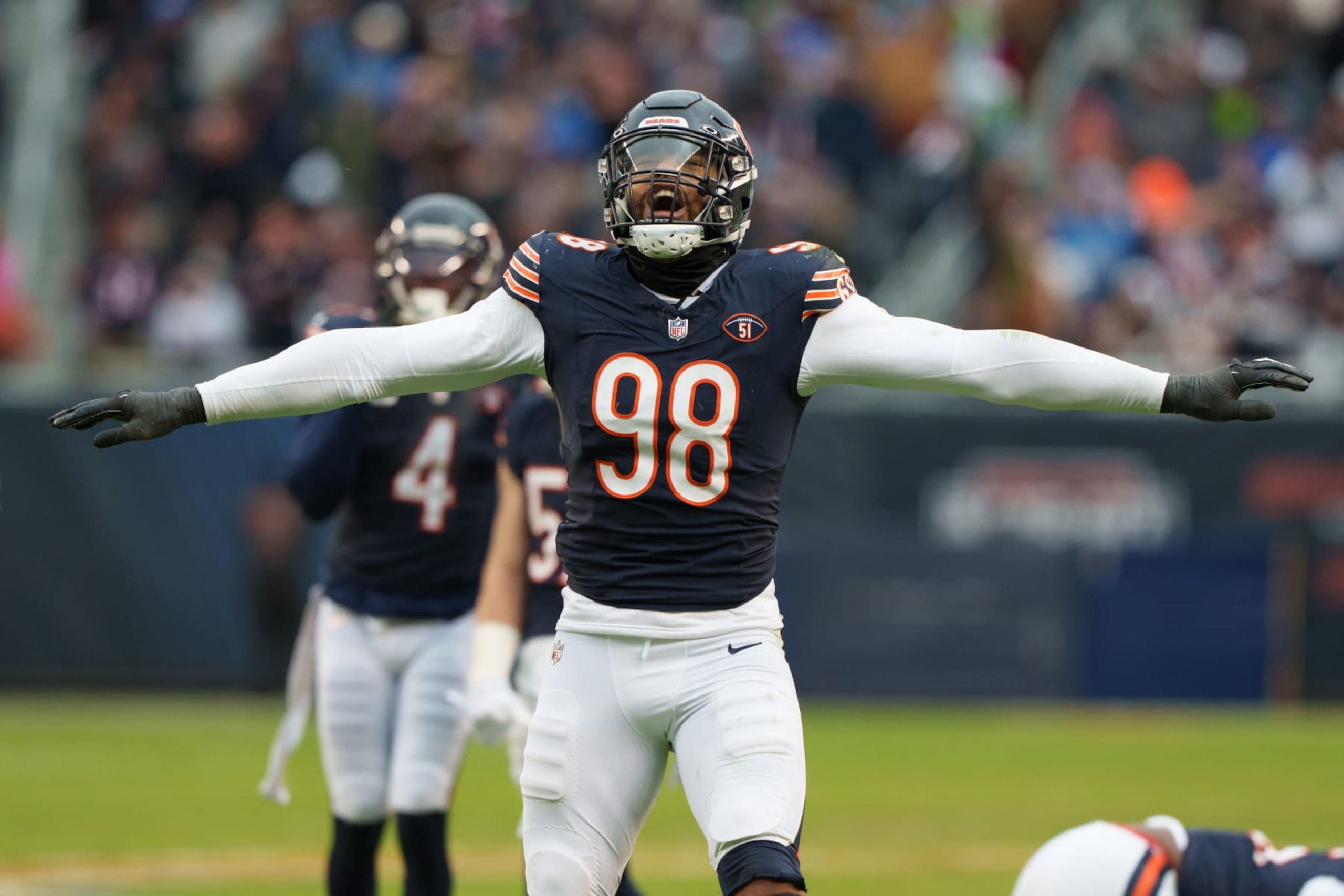 CHICAGO, IL - DECEMBER 10: Defensive End Montez Sweat #97 of the Chicago Bears celebrates a defensive stop during the second half of  an NFL football game against the Detroit Lions at Soldier Field on December 10, 2023 in Chicago, Illinois. The Bears beat the Lions 28-13. (Photo by Todd Rosenberg/Getty Images)