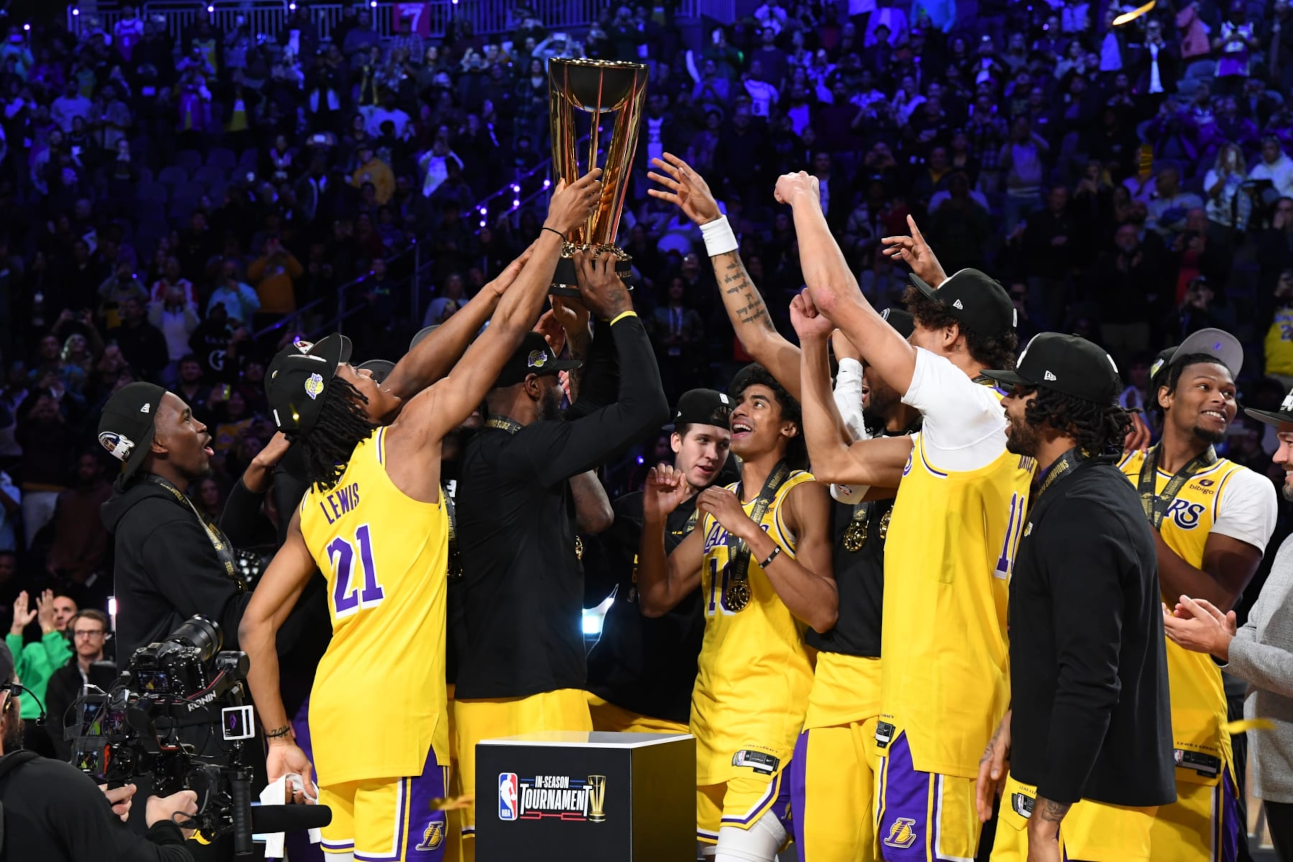 LAS VEGAS, NV - DECEMBER 9: The Los Angeles Lakers celebrate with the NBA Cup after winning the In-Season Tournament Championship game against the Indiana Pacers on December 9, 2023 at T-Mobile Arena in Las Vegas, Nevada. NOTE TO USER: User expressly acknowledges and agrees that, by downloading and or using this photograph, User is consenting to the terms and conditions of the Getty Images License Agreement. Mandatory Copyright Notice: Copyright 2023 NBAE (Photo by Andrew D. Bernstein/NBAE via Getty Images)