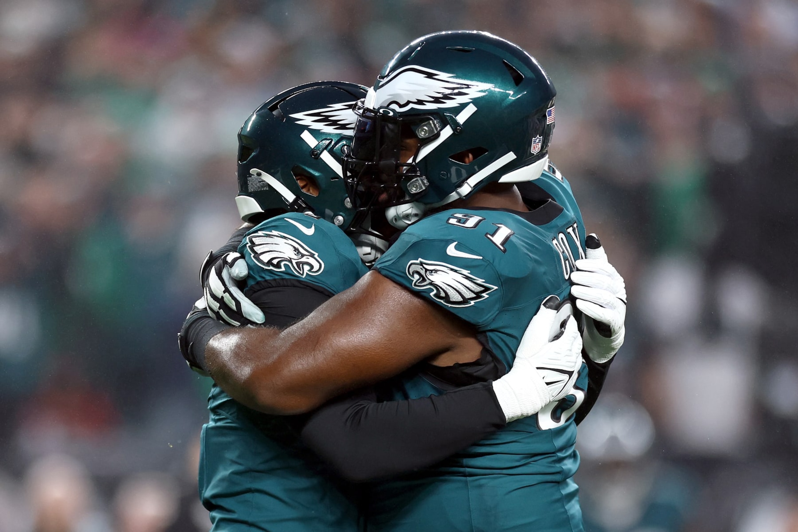PHILADELPHIA, PENNSYLVANIA - DECEMBER 03: Haason Reddick #7 and Fletcher Cox #91 of the Philadelphia Eagles react against the San Francisco 49ers at Lincoln Financial Field on December 03, 2023 in Philadelphia, Pennsylvania. (Photo by Tim Nwachukwu/Getty Images)