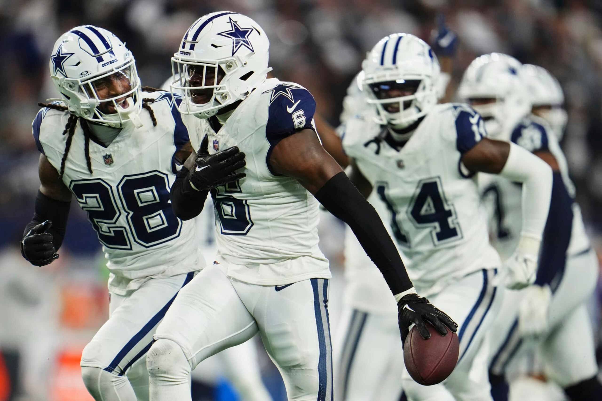 ARLINGTON, TX - DECEMBER 10: Donovan Wilson #6 of the Dallas Cowboys celebrates after recovering a fumble against the Philadelphia Eagles during the first half at AT&T Stadium on December 10, 2023 in Arlington, Texas. (Photo by Cooper Neill/Getty Images)