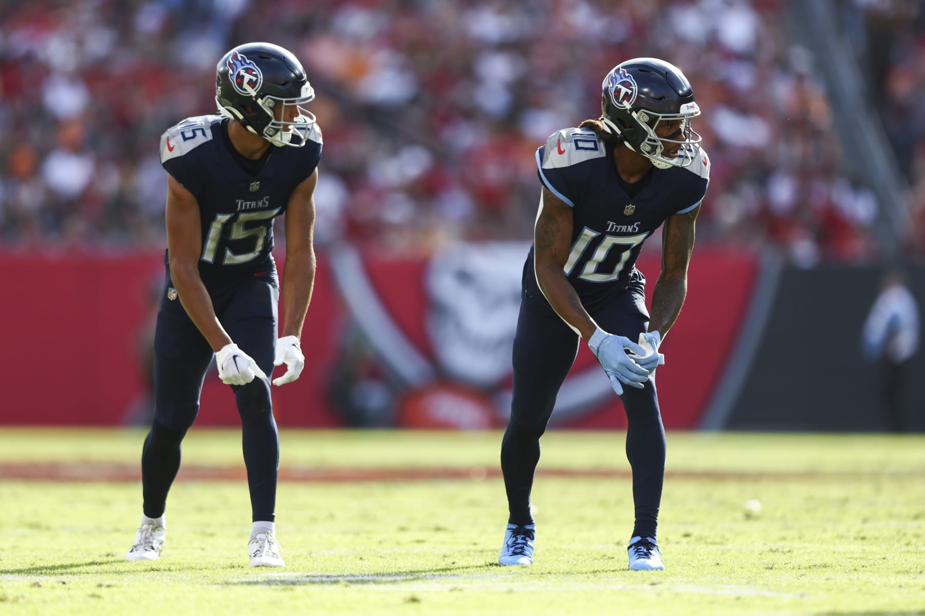 TAMPA, FL - NOVEMBER 12: Nick Westbrook-Ikhine #15 and DeAndre Hopkins #10 of the Tennessee Titans line up before a play during an NFL football game against the Tampa Bay Buccaneers at Raymond James Stadium on November 12, 2023 in Tampa, Florida. (Photo by Kevin Sabitus/Getty Images)