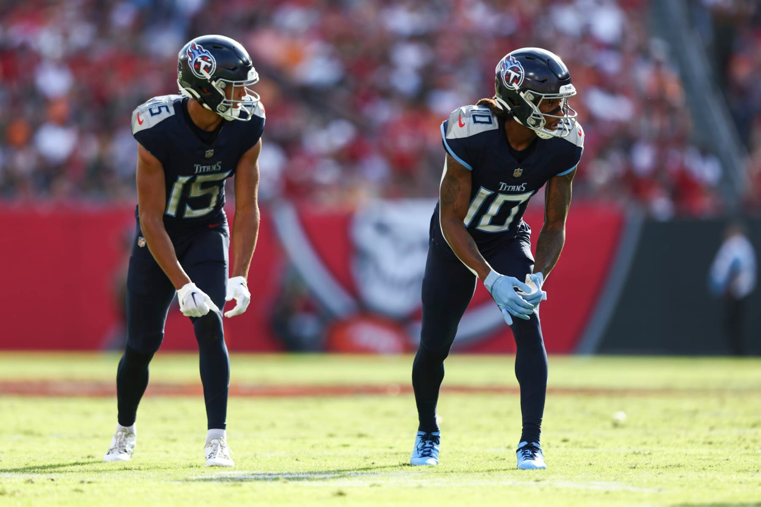 TAMPA, FL - NOVEMBER 12: Nick Westbrook-Ikhine #15 and DeAndre Hopkins #10 of the Tennessee Titans line up before a play during an NFL football game against the Tampa Bay Buccaneers at Raymond James Stadium on November 12, 2023 in Tampa, Florida. (Photo by Kevin Sabitus/Getty Images)