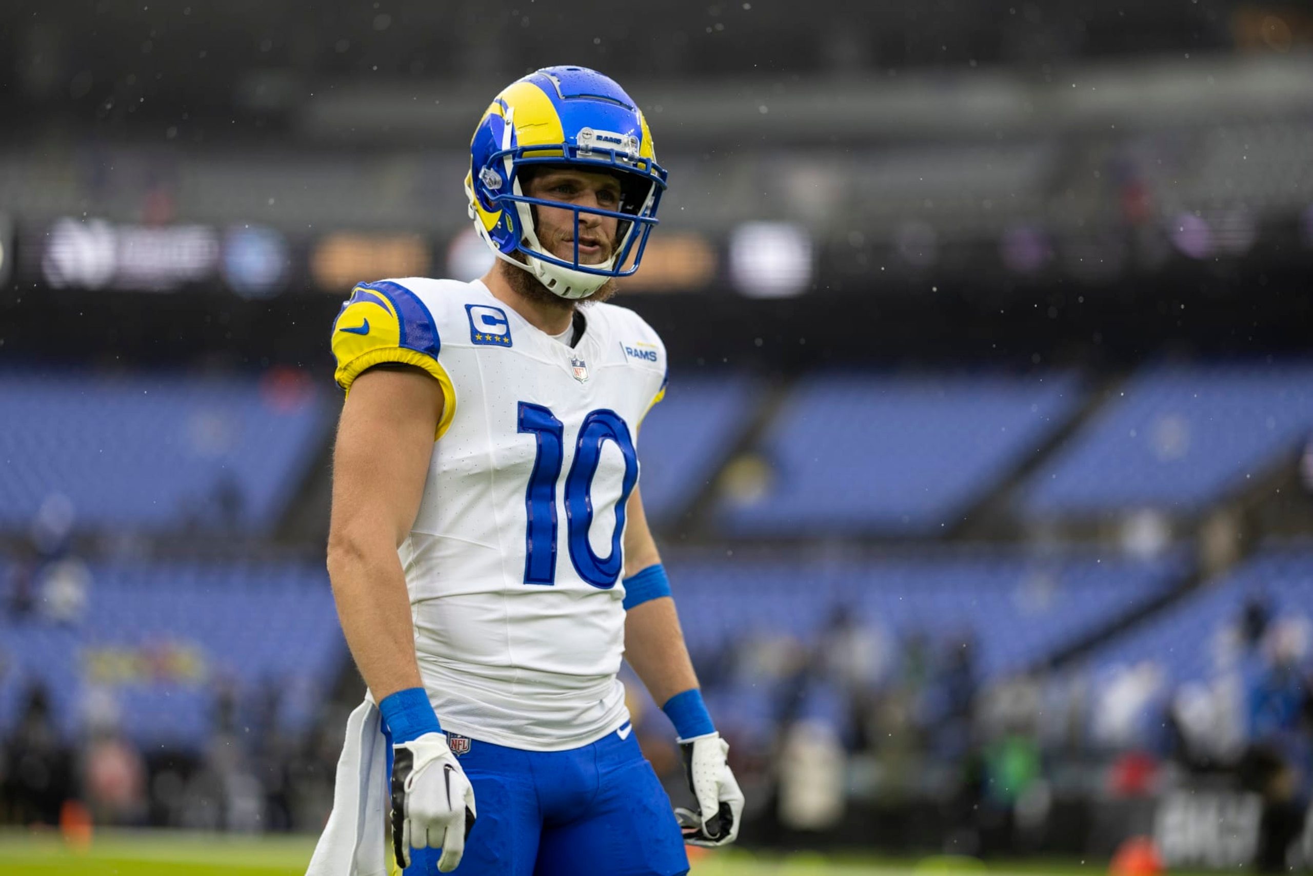 BALTIMORE, MARYLAND - DECEMBER 10: Cooper Kupp #10 of the Los Angeles Rams reacts as he warms up prior to an NFL football game between the Baltimore Ravens and the Los Angeles Rams at M&T Bank Stadium on December 10, 2023 in Baltimore, Maryland. (Photo by Michael Owens/Getty Images)