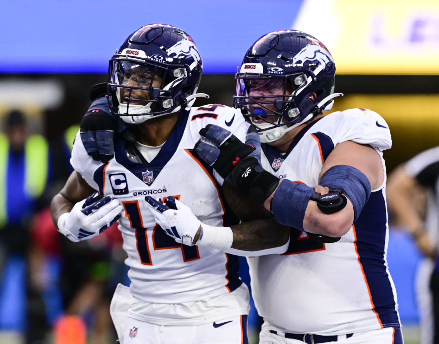 INGLEWOOD, CA - DECEMBER 10: Denver Broncos wide receiver Courtland Sutton (14) celebrates his touchdown with offensive tackle Garett Bolles (72) in the third quarter at SoFi Stadium in Inglewood, California Sunday December 10, 2023. (Photo by Andy Cross/MediaNews Group/The Denver Post via Getty Images)