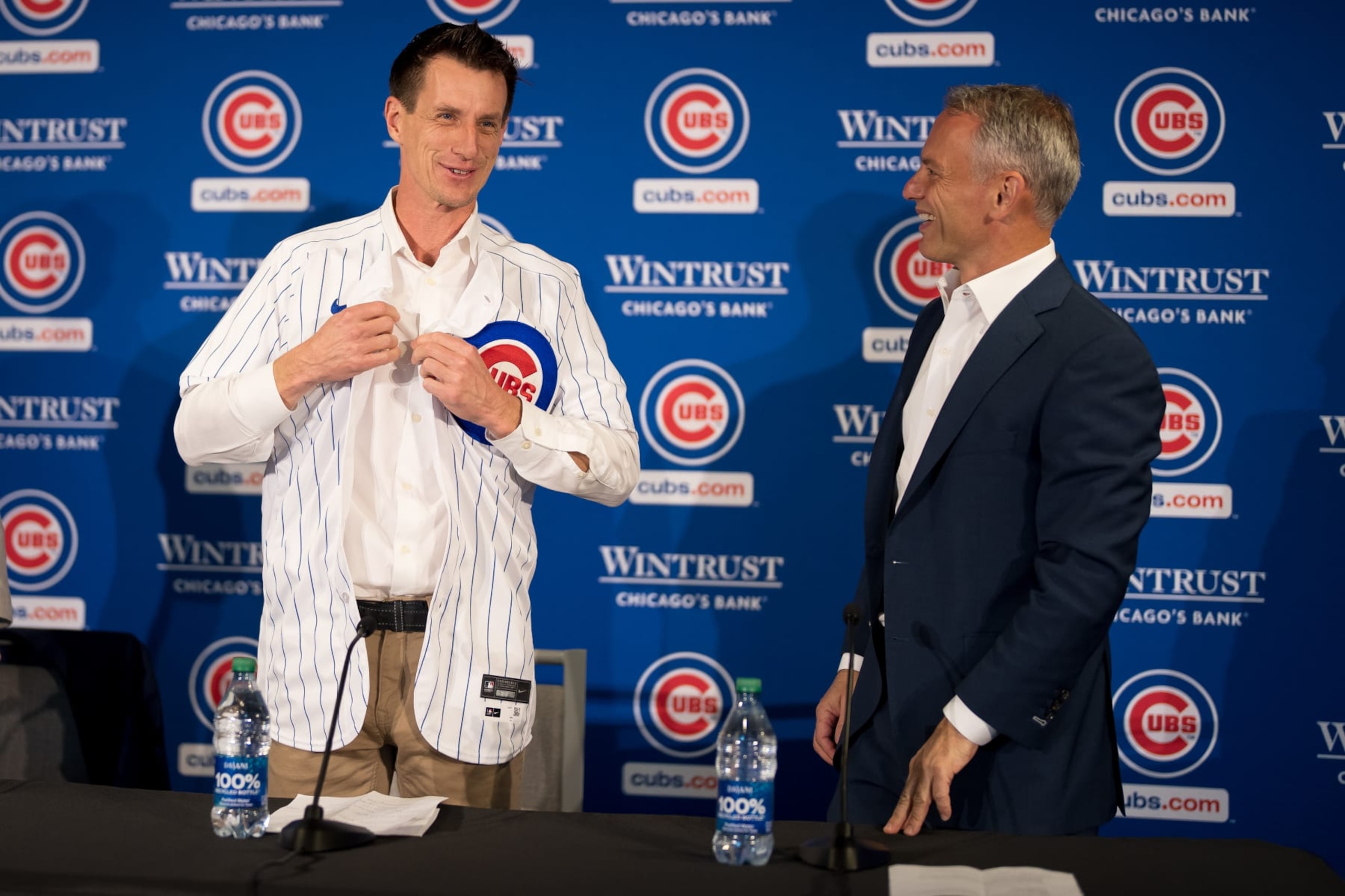 CHICAGO, ILLINOIS - NOVEMBER 13: Craig Counsell (L) is introduced as the Chicago Cubs new manager by President of Baseball Operations Jed Hoyer at Wrigley Field on November 13, 2023 in Chicago, Illinois. (Photo by Matt Dirksen/Chicago Cubs/Getty Images) CHICAGO, ILLINOIS - NOVEMBER 13: Craig Counsell (L) is introduced as the Chicago Cubs new manager by President of Baseball Operations Jed Hoyer at Wrigley Field on November 13, 2023 in Chicago, Illinois. (Photo by Matt Dirksen/Chicago Cubs/Getty Images)