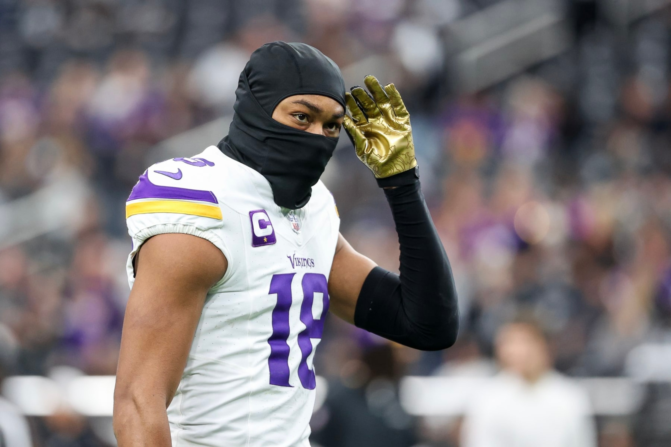 LAS VEGAS, NEVADA - DECEMBER 10: Justin Jefferson #18 of the Minnesota Vikings looks on before the game against the Las Vegas Raiders at Allegiant Stadium on December 10, 2023 in Las Vegas, Nevada. (Photo by Ian Maule/Getty Images)