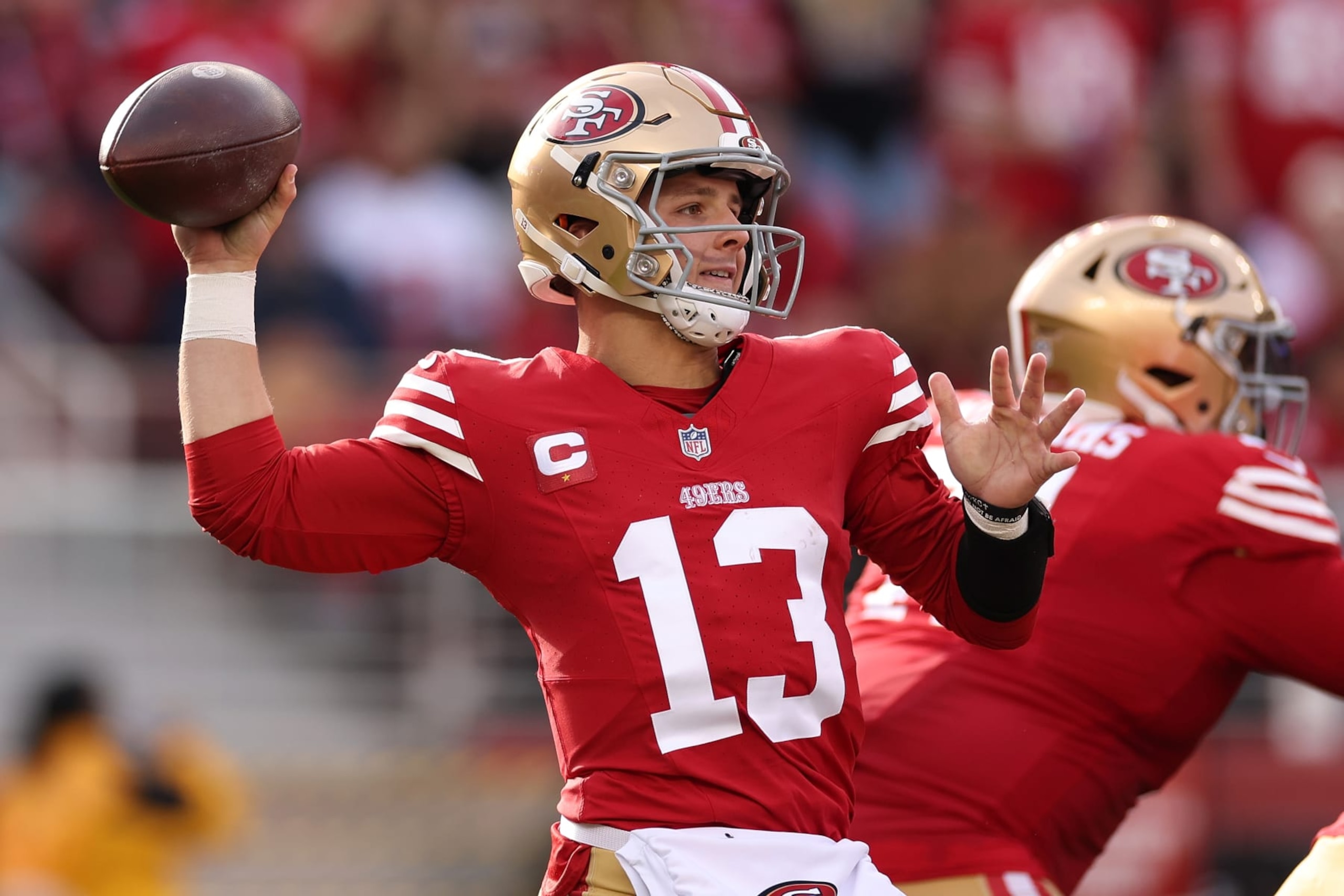 SANTA CLARA, CALIFORNIA - DECEMBER 10: Brock Purdy #13 of the San Francisco 49ers throws the ball during the first half in the game against the Seattle Seahawks at Levi's Stadium on December 10, 2023 in Santa Clara, California. (Photo by Ezra Shaw/Getty Images)
