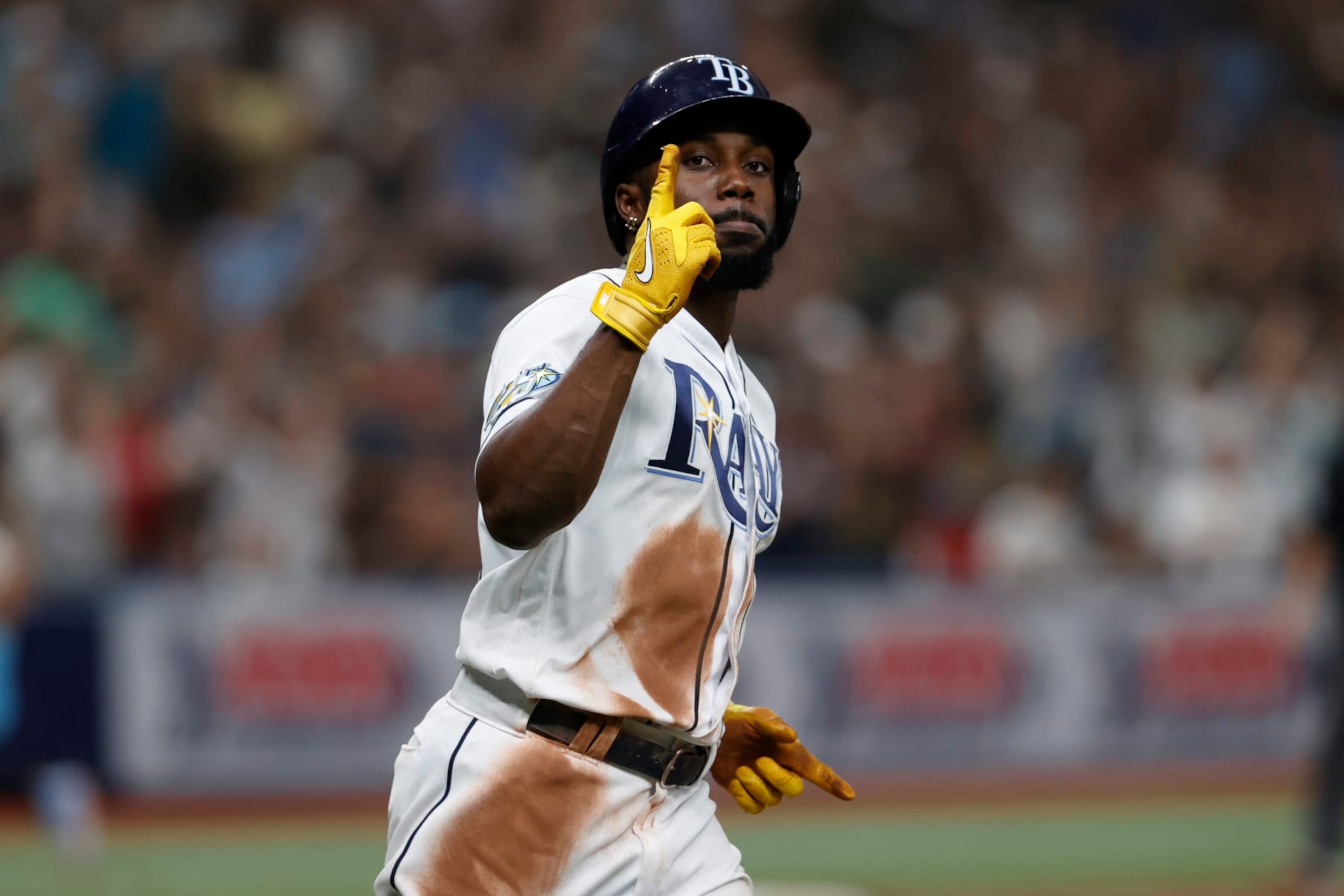 Tampa Bay Rays' Randy Arozarena celebrates after hitting a winning RBI single against the Cleveland Guardians during the ninth inning of a baseball game Saturday, Aug. 12, 2023, in St. Petersburg, Fla. (AP Photo/Scott Audette)