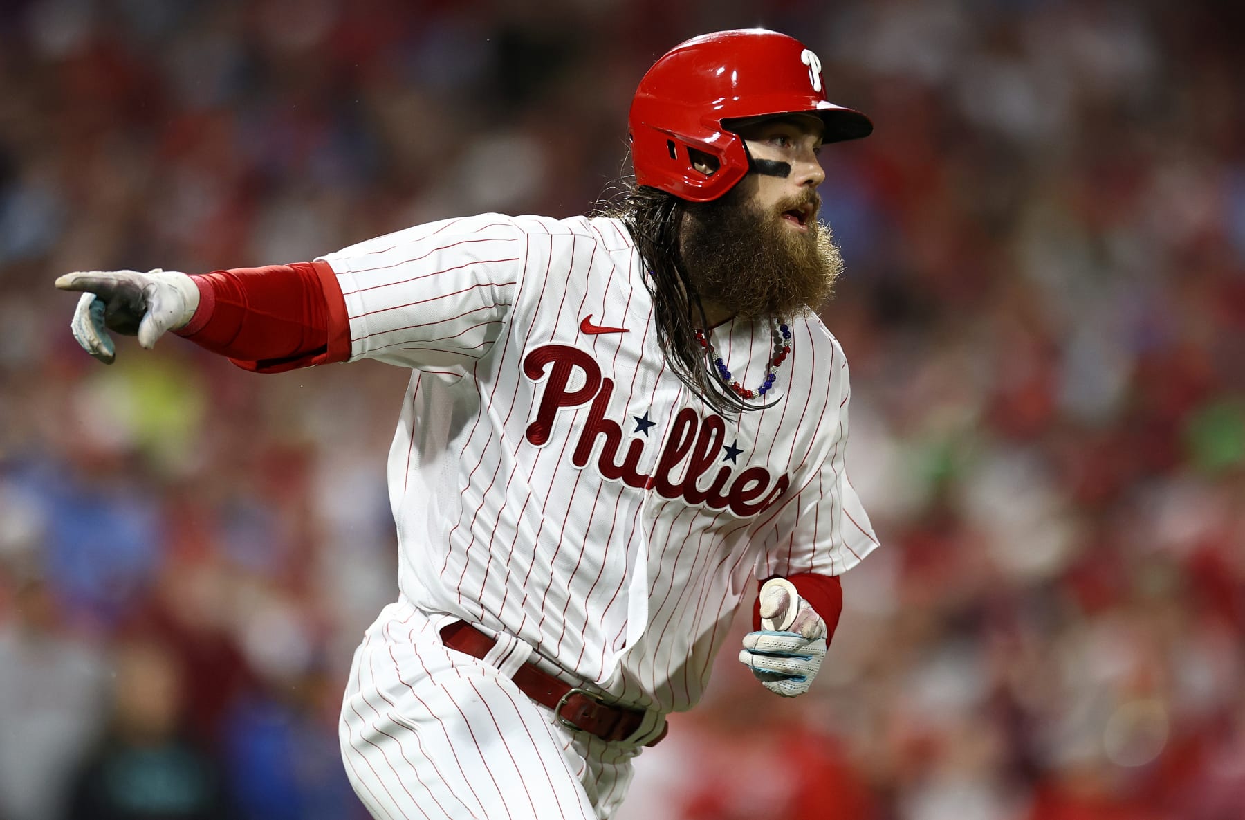 PHILADELPHIA, PENNSYLVANIA - OCTOBER 24: Brandon Marsh #16 of the Philadelphia Phillies reacts after his single against the Arizona Diamondbacks during the third inning in Game Seven of the Championship Series at Citizens Bank Park on October 24, 2023 in Philadelphia, Pennsylvania. (Photo by Tim Nwachukwu/Getty Images)