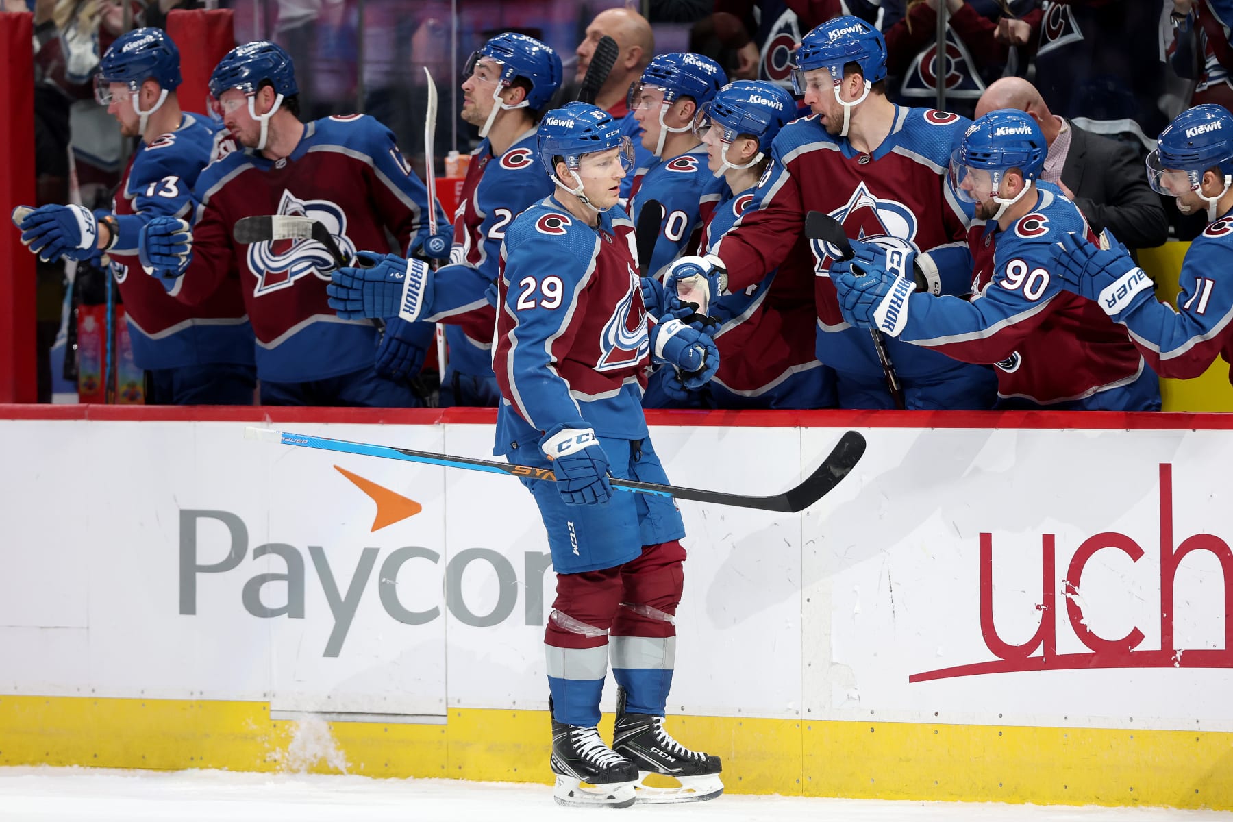 DENVER, COLORADO - DECEMBER 09: Nathan MacKinnon #29 of the Colorado Avalanche celebrates with his teammates after scoring against the Philadelphia Flyers at Ball Arena on December 09, 2023 in Denver, Colorado. (Photo by Matthew Stockman/Getty Images)