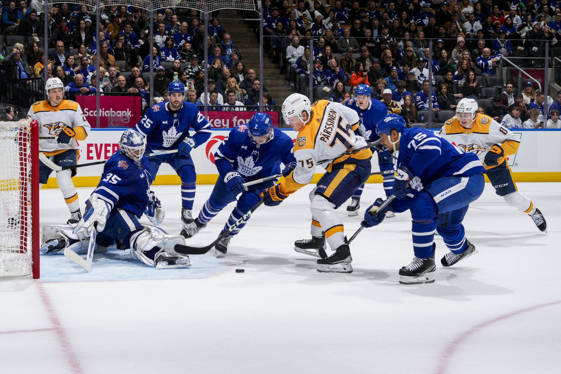 TORONTO, ON - DECEMBER 9: Ilya Samsonov #35 of the Toronto Maple Leafs defends against Juuso Parssinen #75 of the Nashville Predators during the third period at the Scotiabank Arena on December 9, 2023 in Toronto, Ontario, Canada. (Photo by Kevin Sousa/NHLI via Getty Images)