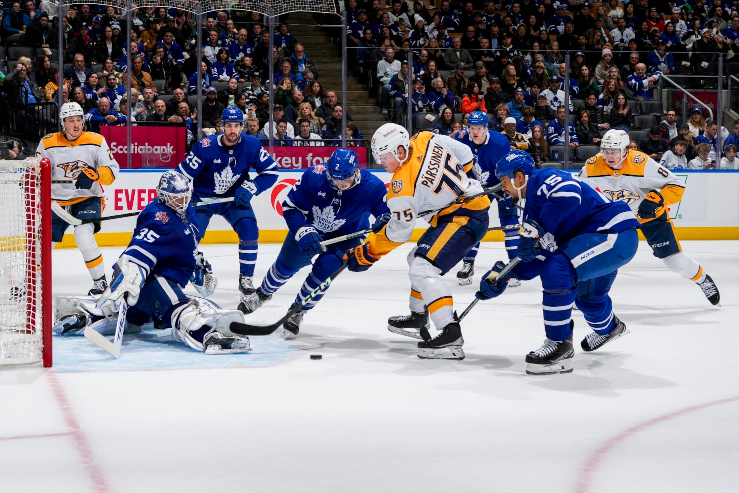 TORONTO, ON - DECEMBER 9: Ilya Samsonov #35 of the Toronto Maple Leafs defends against Juuso Parssinen #75 of the Nashville Predators during the third period at the Scotiabank Arena on December 9, 2023 in Toronto, Ontario, Canada. (Photo by Kevin Sousa/NHLI via Getty Images)