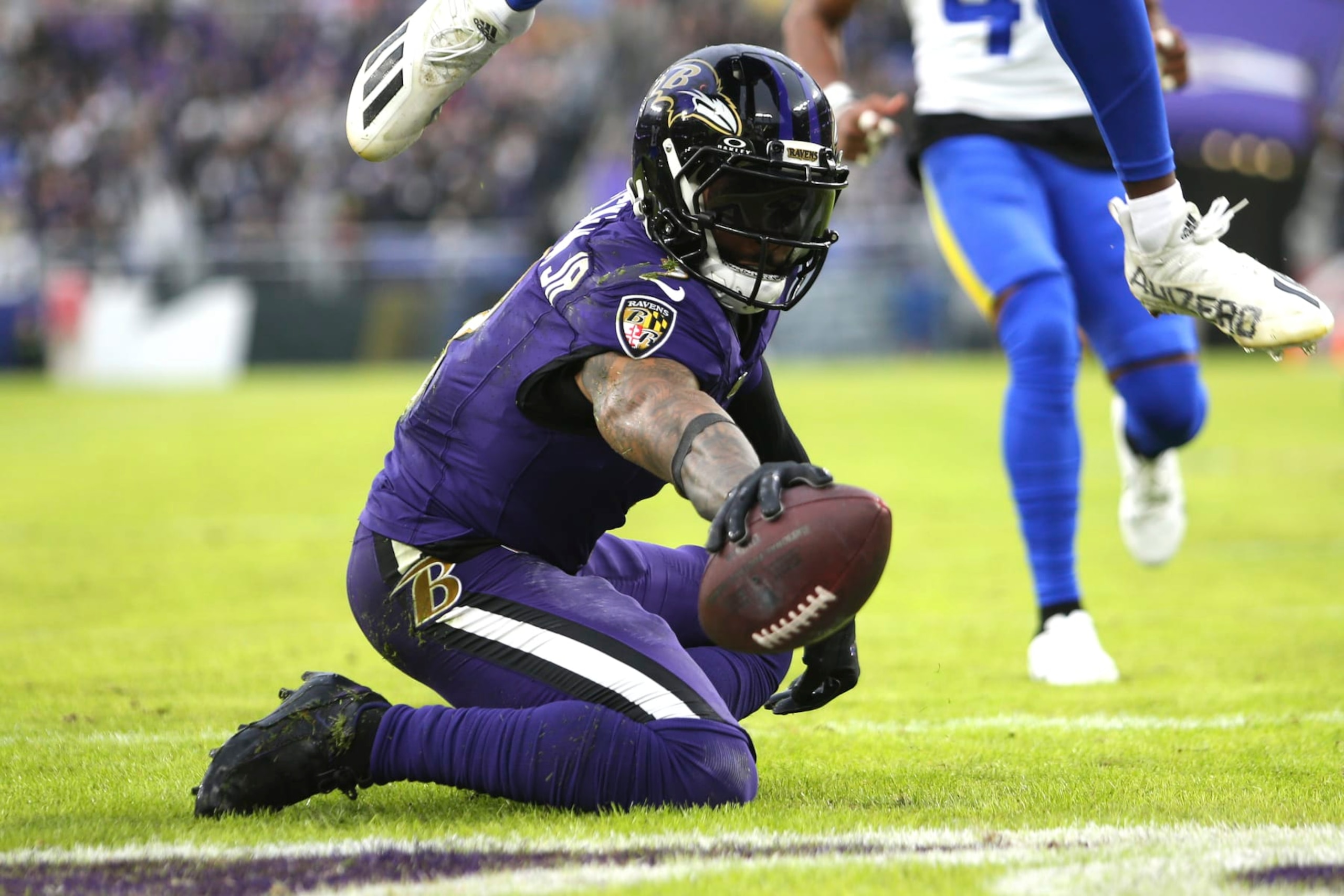 Baltimore Ravens wide receiver Odell Beckham Jr. (3) catches a touchdown pass during an NFL football game against the Los Angeles Rams, Sunday, December 10, 2023 in Baltimore, Md. (AP Photo/Daniel Kucin Jr.)