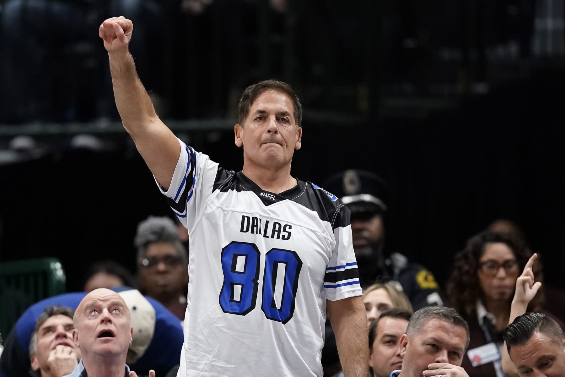 DALLAS, TEXAS - DECEMBER 06: Dallas Mavericks team owner Mark Cuban reacts after a score during the second half of the game against the Utah Jazz at American Airlines Center on December 06, 2023 in Dallas, Texas. NOTE TO USER: User expressly acknowledges and agrees that, by downloading and/or using this Photograph, user is consenting to the terms and conditions of the Getty Images License Agreement. (Photo by Sam Hodde/Getty Images)
