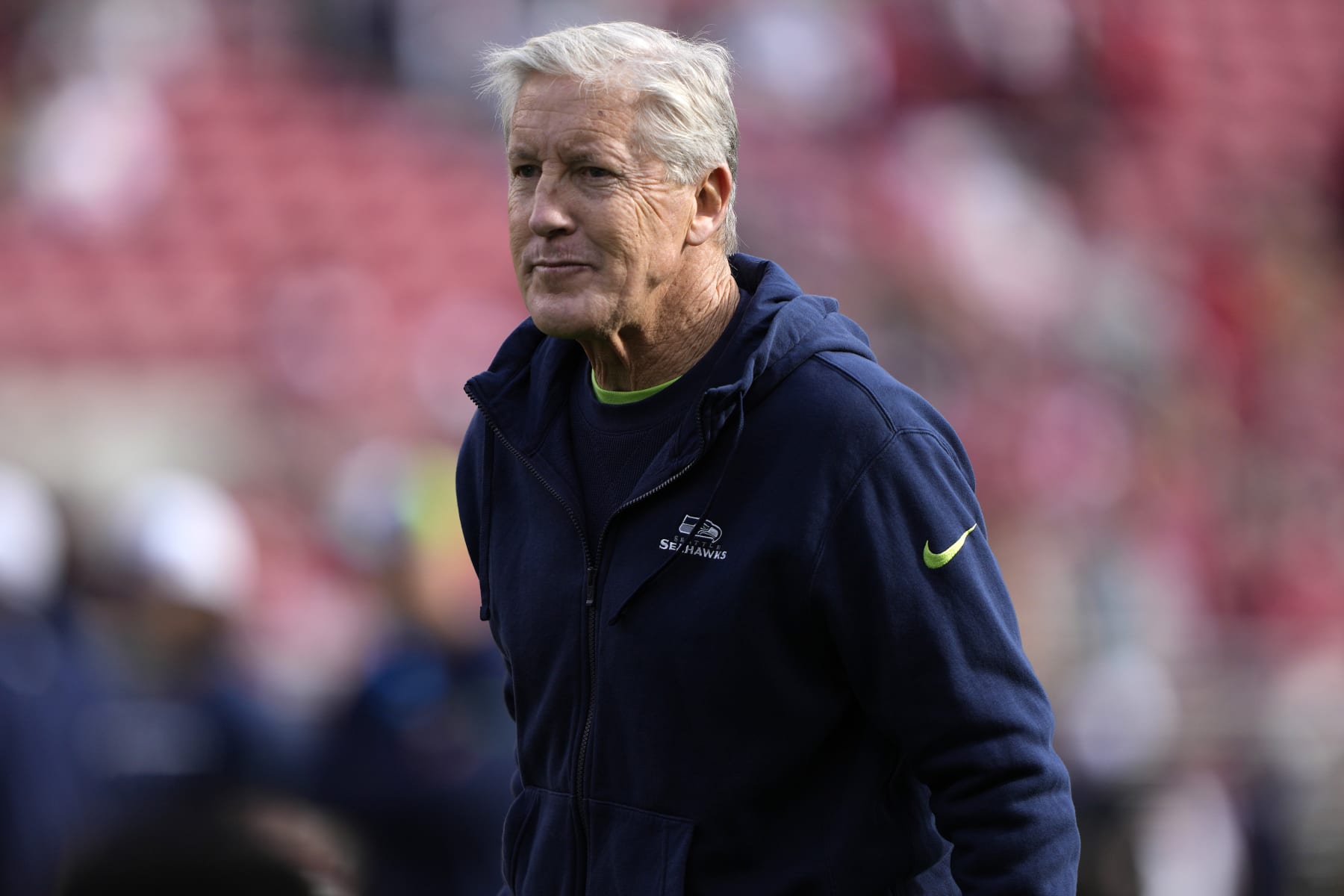 SANTA CLARA, CALIFORNIA - DECEMBER 10: Head coach Pete Carroll of the Seattle Seahawks looks on prior to the game against the San Francisco 49ers at Levi's Stadium on December 10, 2023 in Santa Clara, California. (Photo by Thearon W. Henderson/Getty Images)